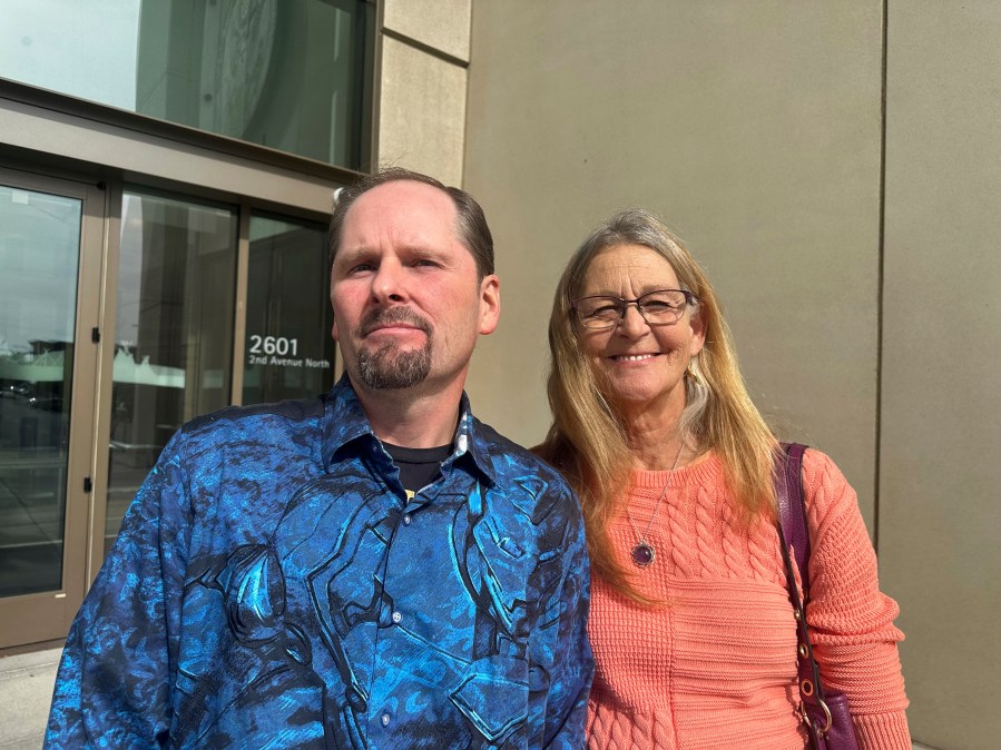 FILE - Richard Rogers and his wife Laurie stand outside the James F. Battin Federal Courthouse, Tuesday, Oct. 1, 2024, in Billings, Mont. (AP Photo/Matthew Brown, File)