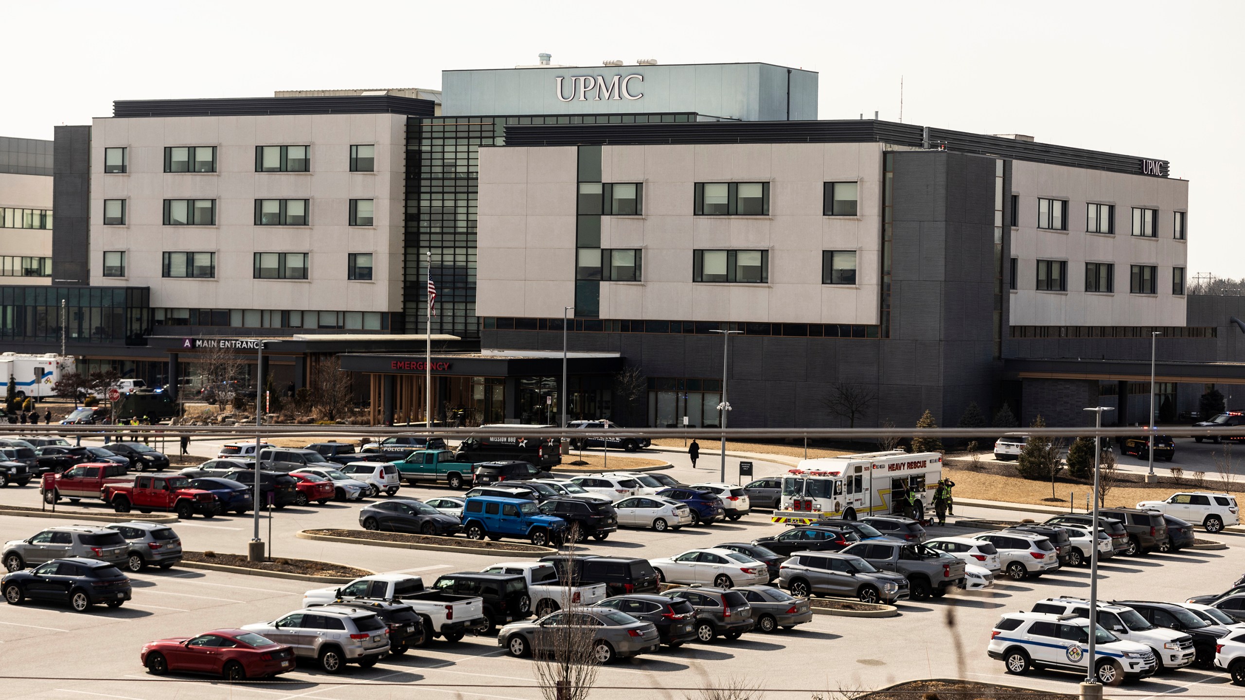 Law enforcement respond to the scene of a shooting at UPMC Memorial Hospital in York, Pa. on Saturday, Feb. 22, 2025. (Sean Simmers/The Patriot-News via AP)