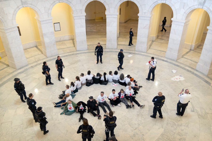 U.S. Capitol Police surround demonstrators as they protest against cuts to American foreign aid spending, including USAID and the PEPFAR program to combat HIV/AIDS, at the Cannon House Office Building on Capitol Hill, Wednesday, Feb. 26, 2025, in Washington. (AP Photo/Mark Schiefelbein)