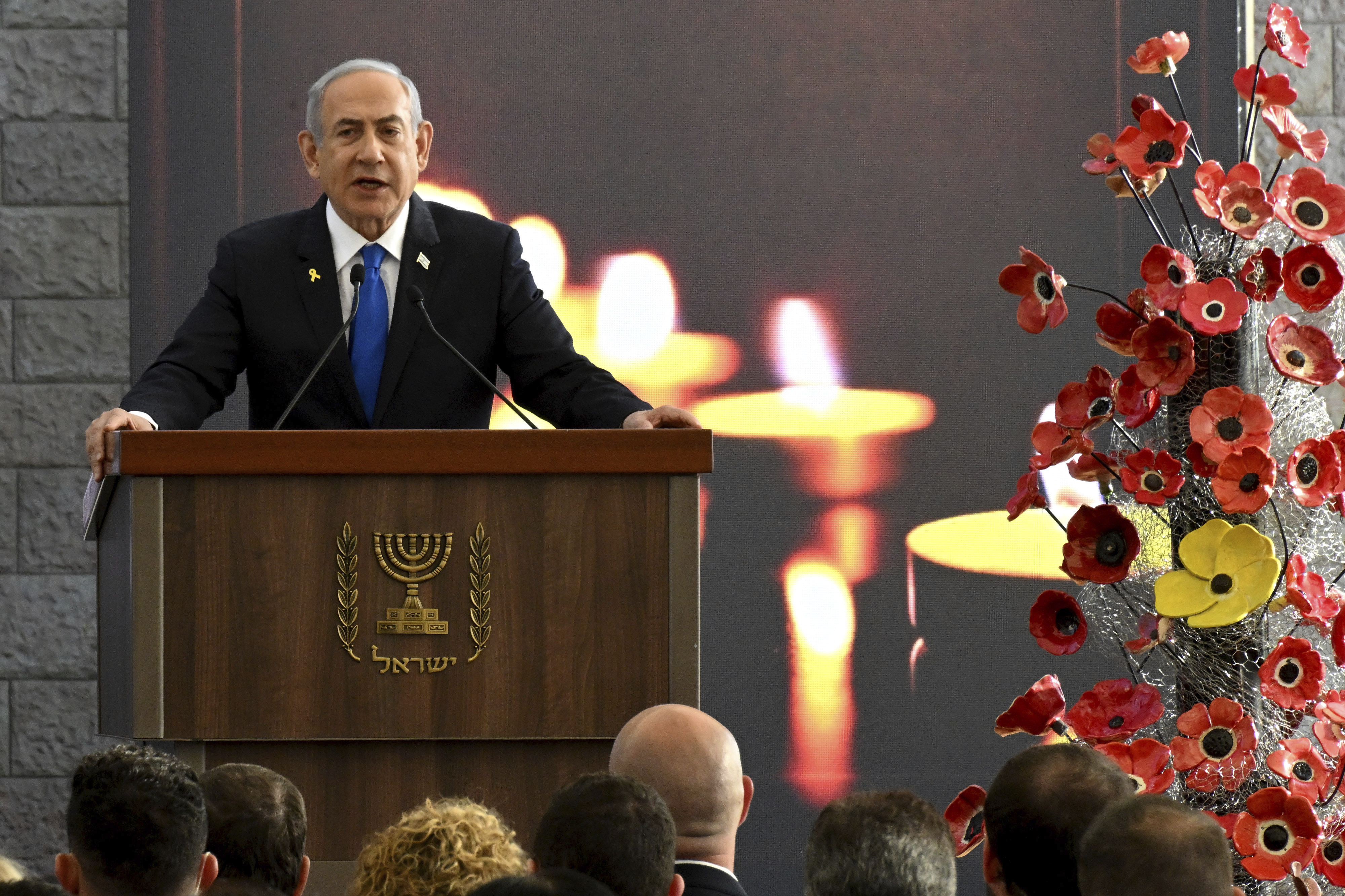 FILE - Israeli Prime Minister Benjamin Netanyahu speaks at a memorial ceremony for those killed by Hamas during the Oct. 7, 2023 attack, in Jerusalem, Oct. 28, 2024. (Debbie Hill, Pool Photo via AP, File)