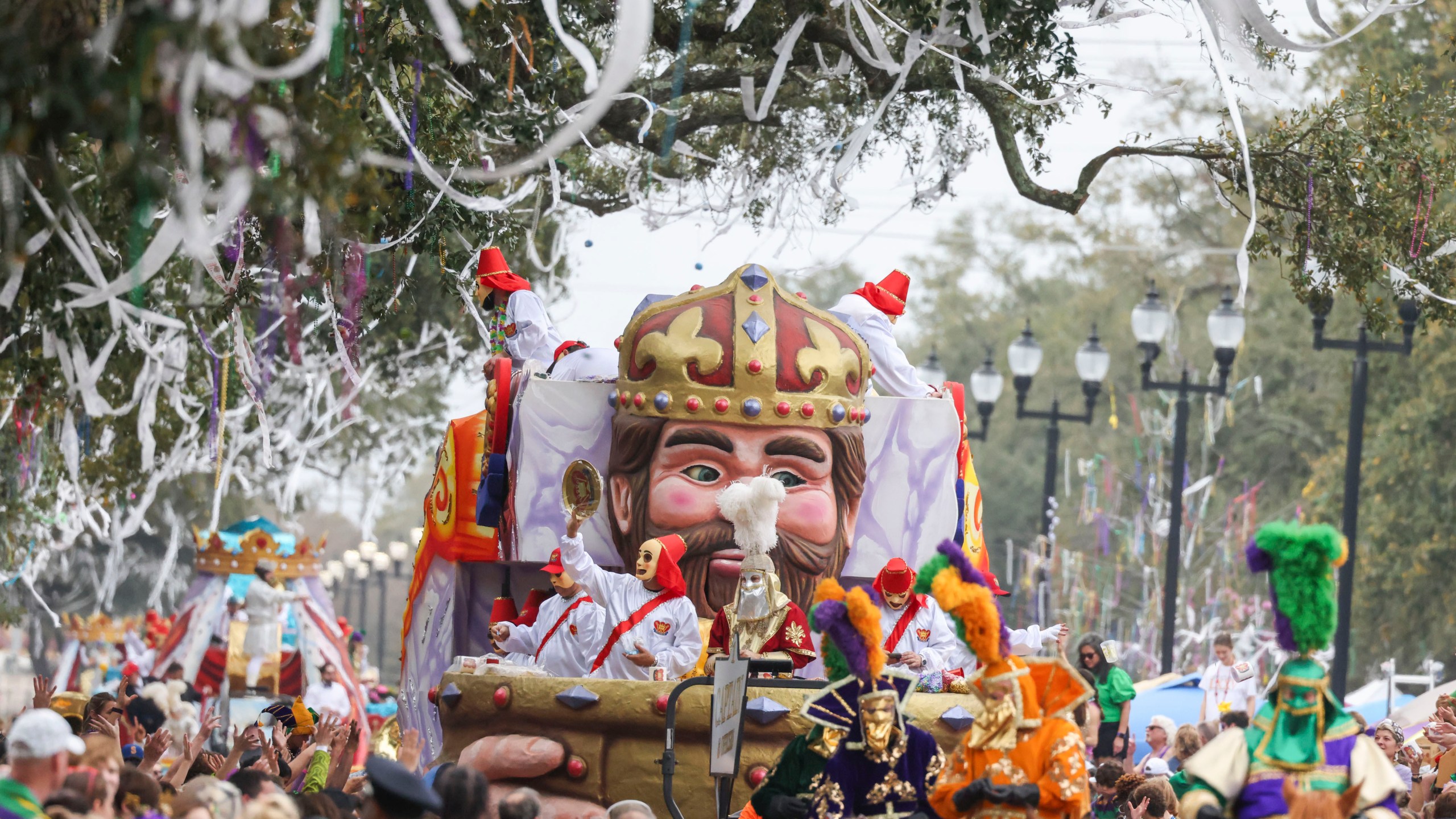 FILE - The captain rides on a float with moving eyes and mouth as the Krewe of Mid-City parades on the Uptown route in New Orleans, Feb. 11, 2024. (Sophia Germer/The Times-Picayune/The New Orleans Advocate via AP, File)