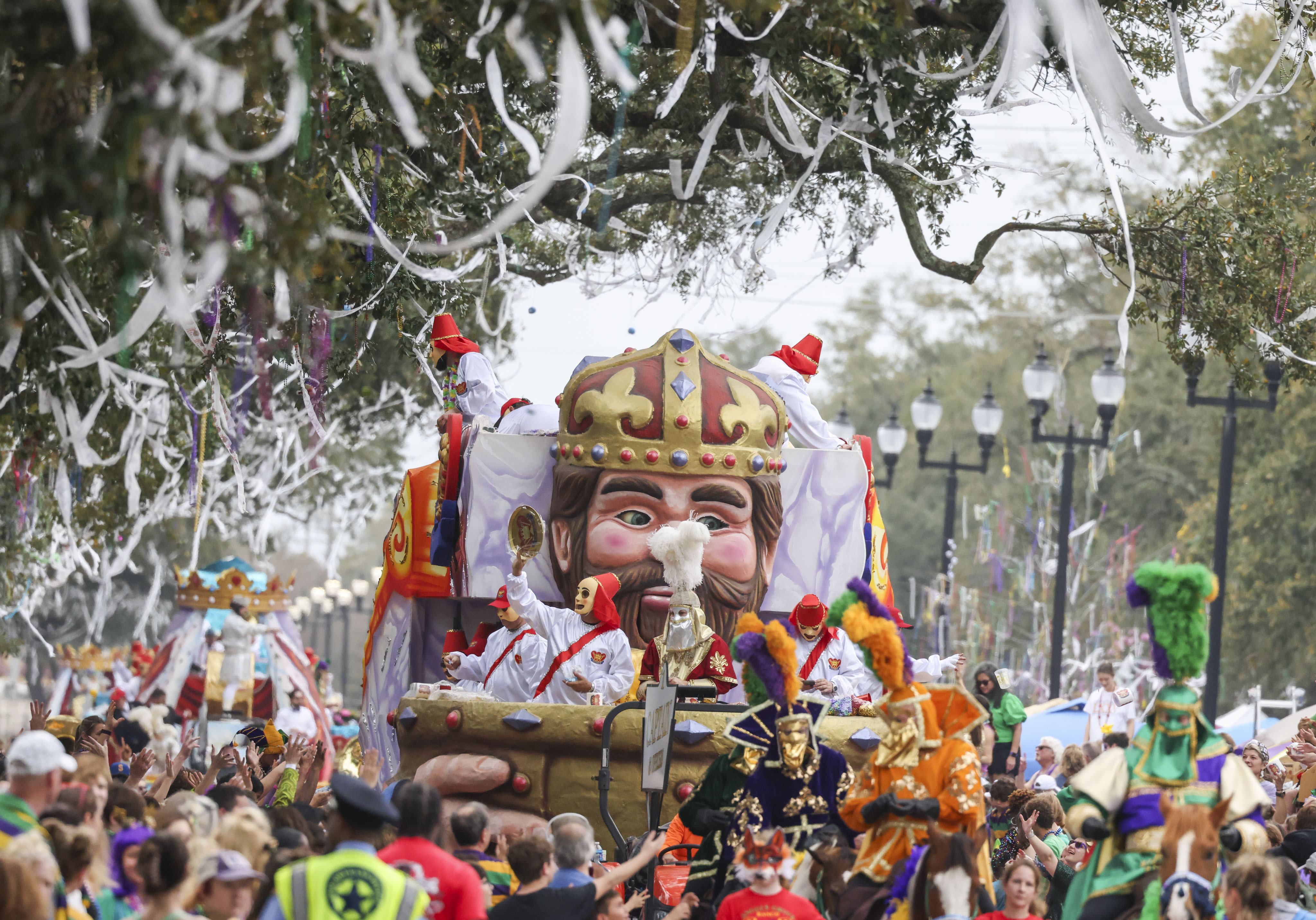 FILE - The captain rides on a float with moving eyes and mouth as the Krewe of Mid-City parades on the Uptown route in New Orleans, Feb. 11, 2024. (Sophia Germer/The Times-Picayune/The New Orleans Advocate via AP, File)