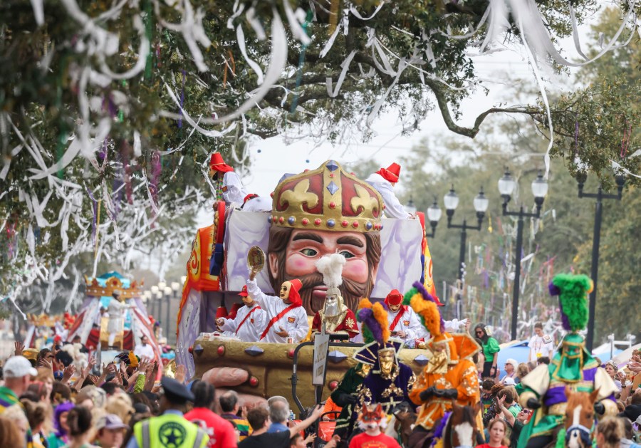 FILE - The captain rides on a float with moving eyes and mouth as the Krewe of Mid-City parades on the Uptown route in New Orleans, Feb. 11, 2024. (Sophia Germer/The Times-Picayune/The New Orleans Advocate via AP, File)