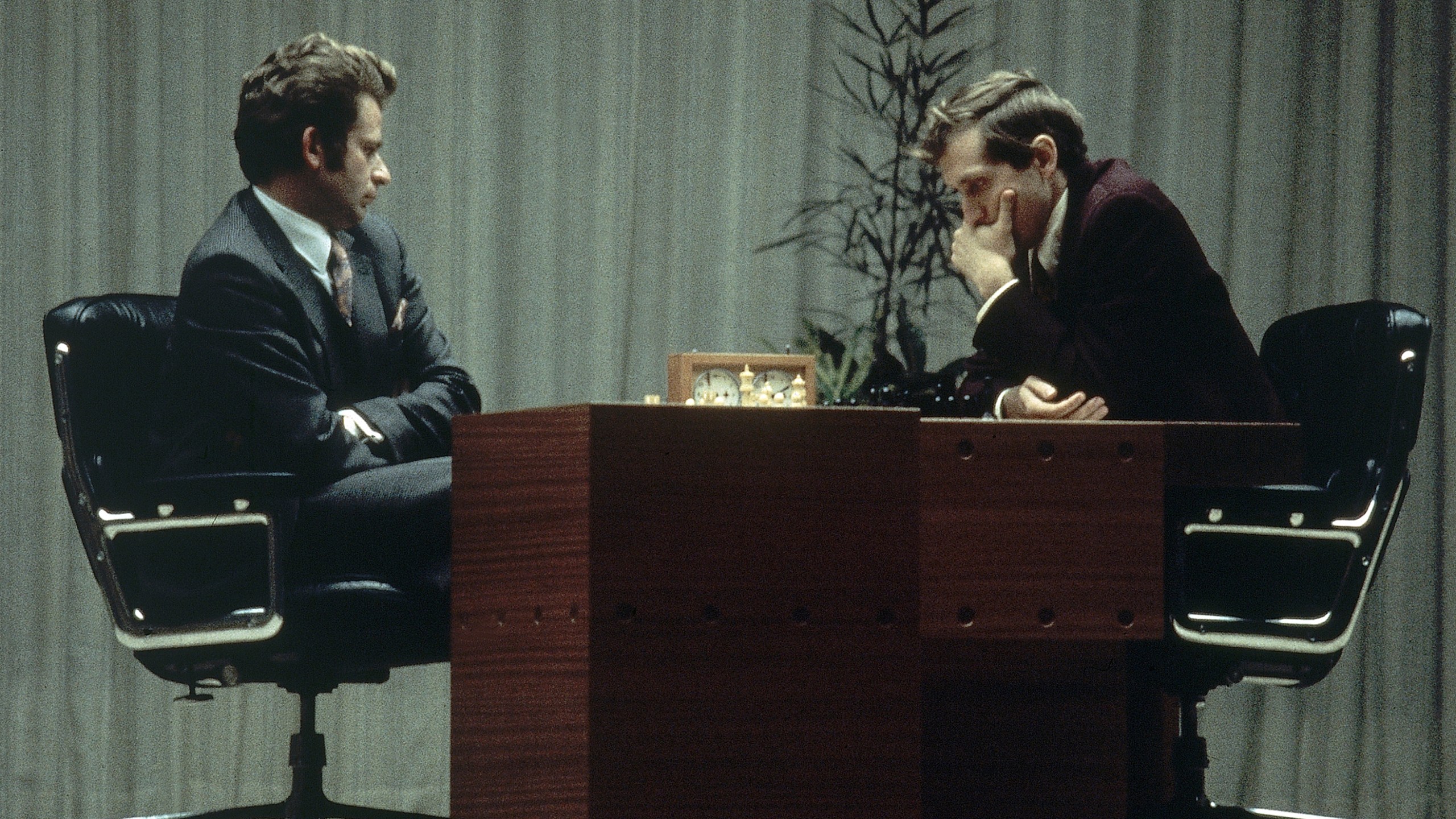 FILE - Bobby Fischer, right, and Boris Spassky play their last game together in Reykjavik, Iceland, Aug. 31, 1972. (AP Photo/J. Walter Green, File)