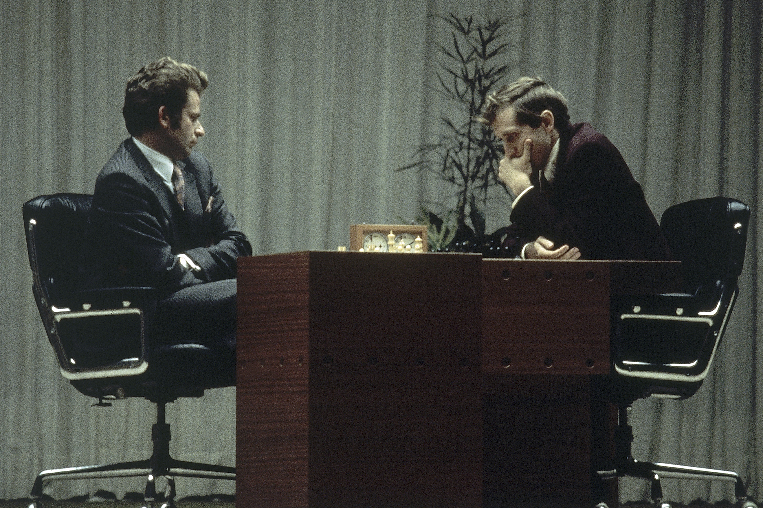 FILE - Bobby Fischer, right, and Boris Spassky play their last game together in Reykjavik, Iceland, Aug. 31, 1972. (AP Photo/J. Walter Green, File)