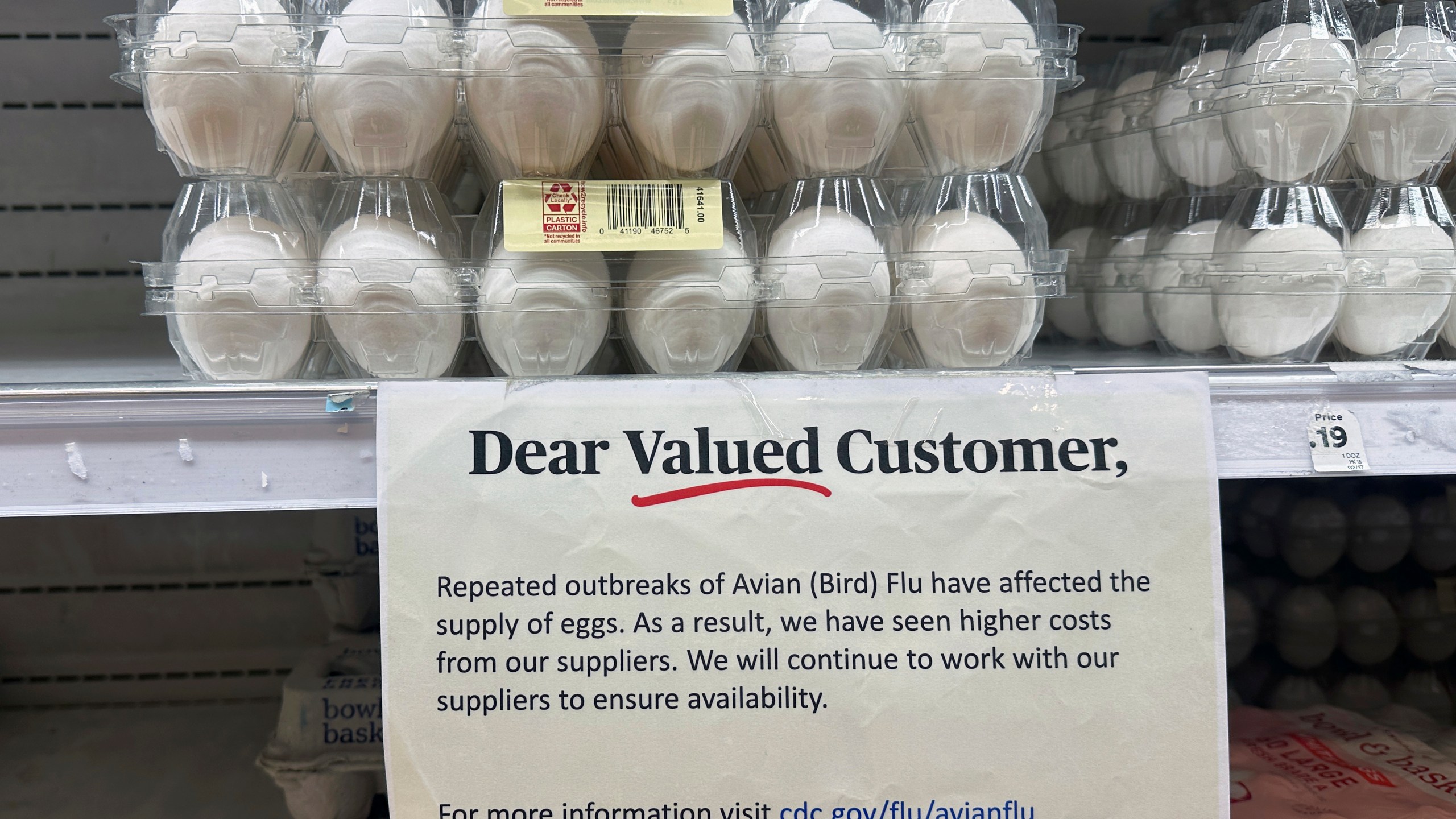 FILE - Eggs are for sale at a grocery store in Lyndhurst, New Jersey, on Tuesday, Feb. 4, 2025, as bird flu is forcing farmers to slaughter millions of chickens a month, pushing U.S. egg prices to more than double their cost in the summer of 2023. (AP Photo/Ted Shaffrey, File)