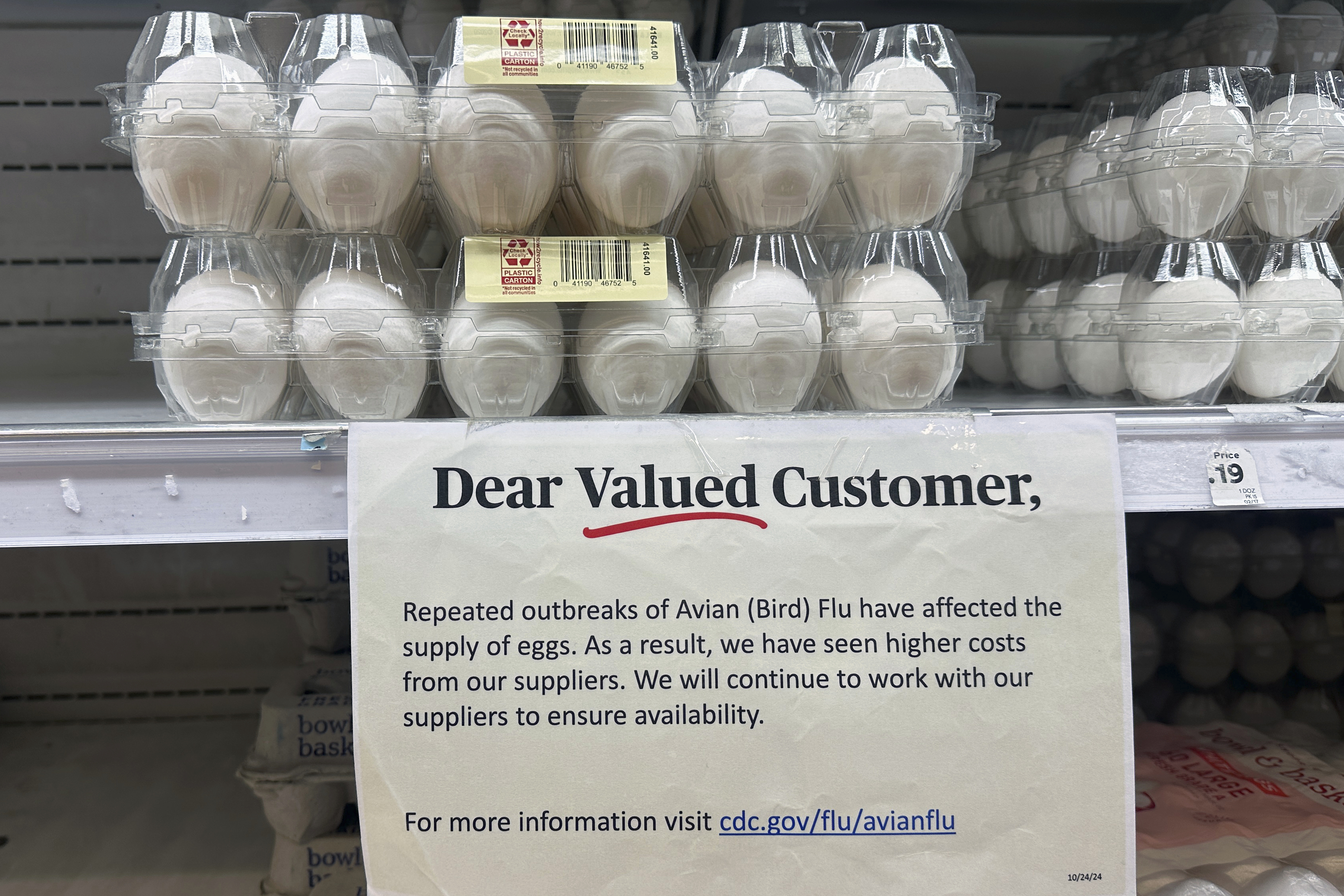 FILE - Eggs are for sale at a grocery store in Lyndhurst, New Jersey, on Tuesday, Feb. 4, 2025, as bird flu is forcing farmers to slaughter millions of chickens a month, pushing U.S. egg prices to more than double their cost in the summer of 2023. (AP Photo/Ted Shaffrey, File)