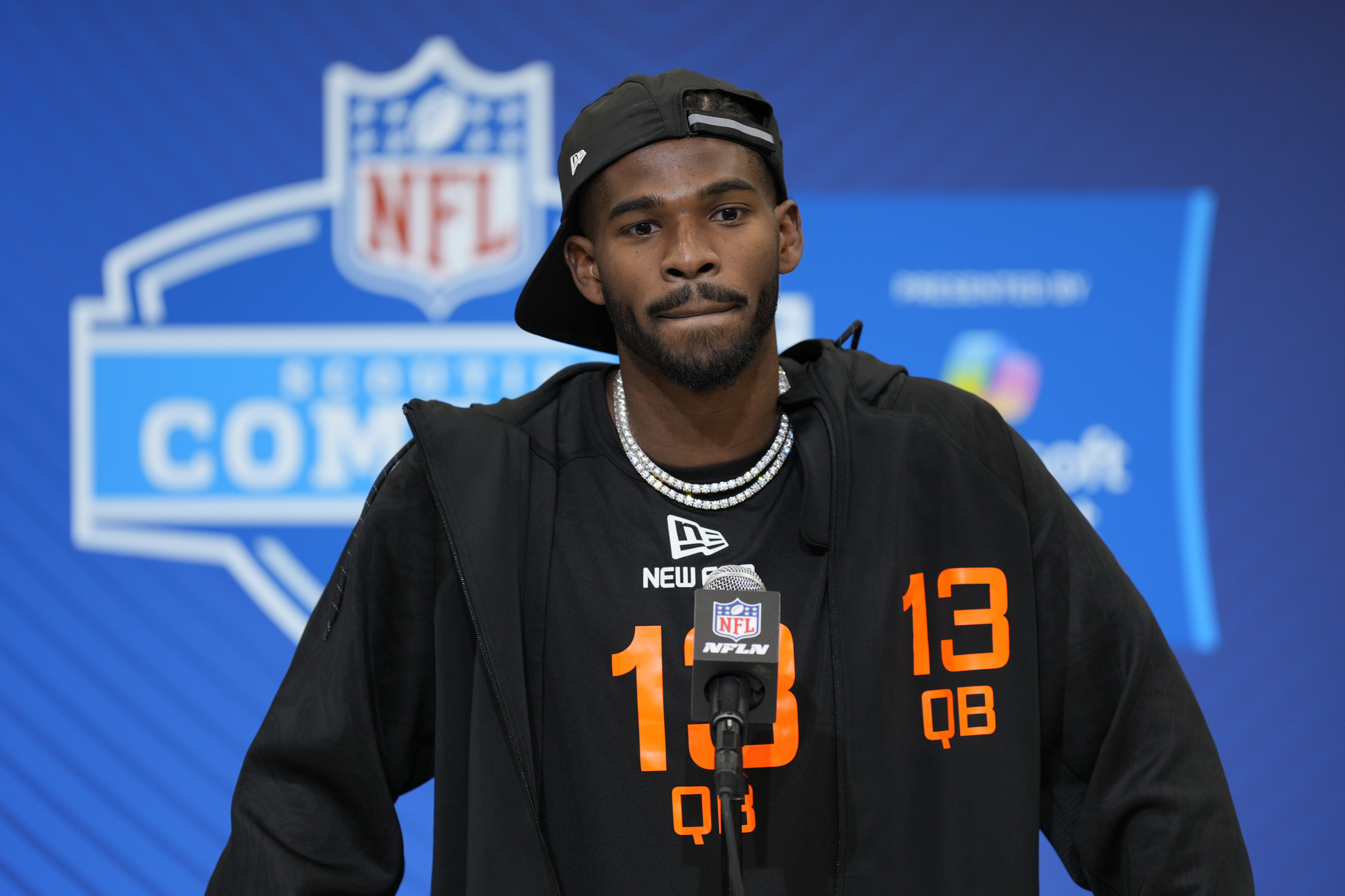 Colorado quarterback Shedeur Sanders speaks during a press conference at the NFL football scouting combine Friday, Feb. 28, 2025, in Indianapolis. (AP Photo/George Walker IV)