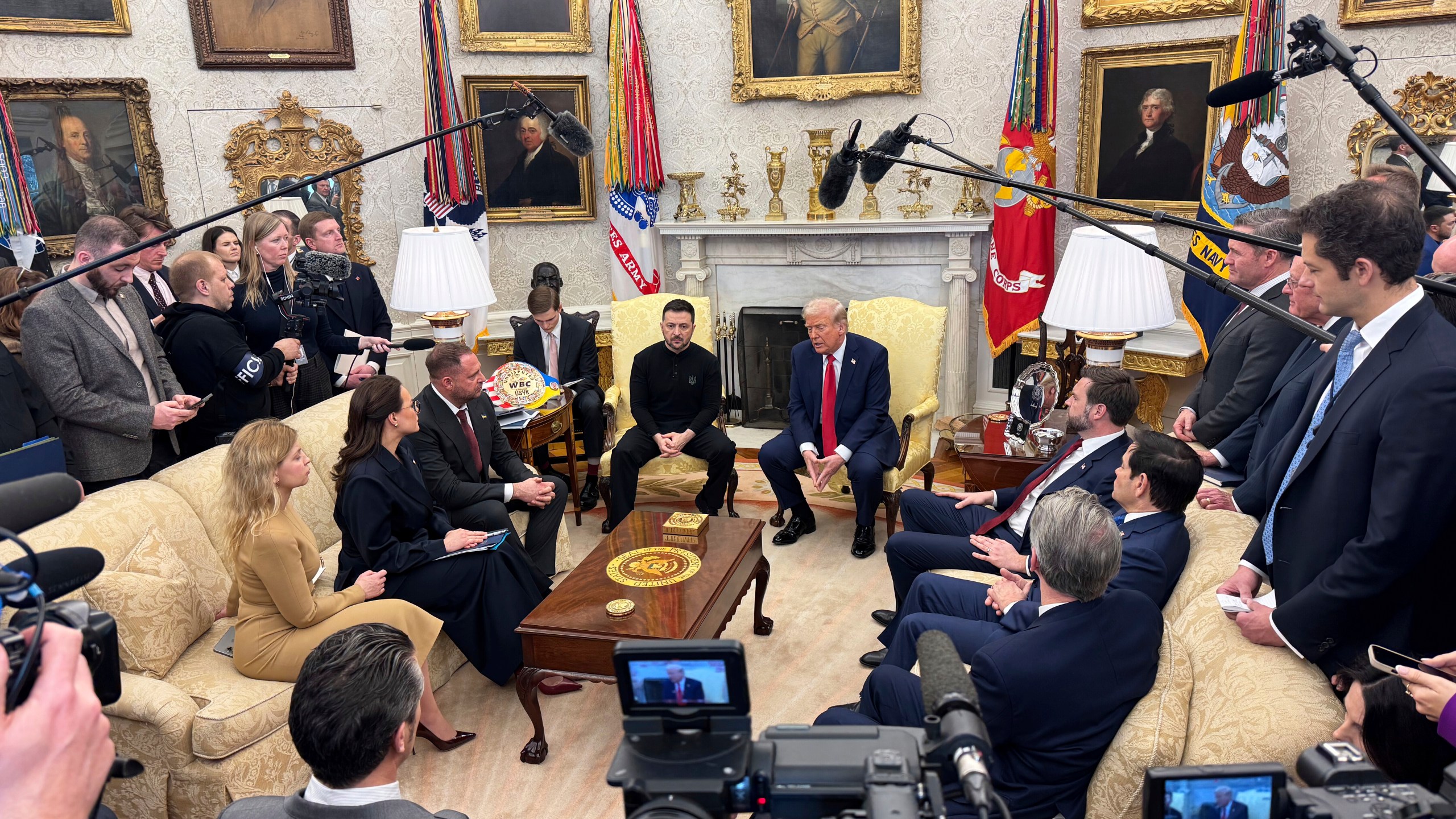 President Donald Trump meets with Ukraine President Volodymyr Zelenskyy in the Oval Office at the White House in Washington, Friday, Feb. 28, 2025. (AP Photo/Mstyslav Chernov)