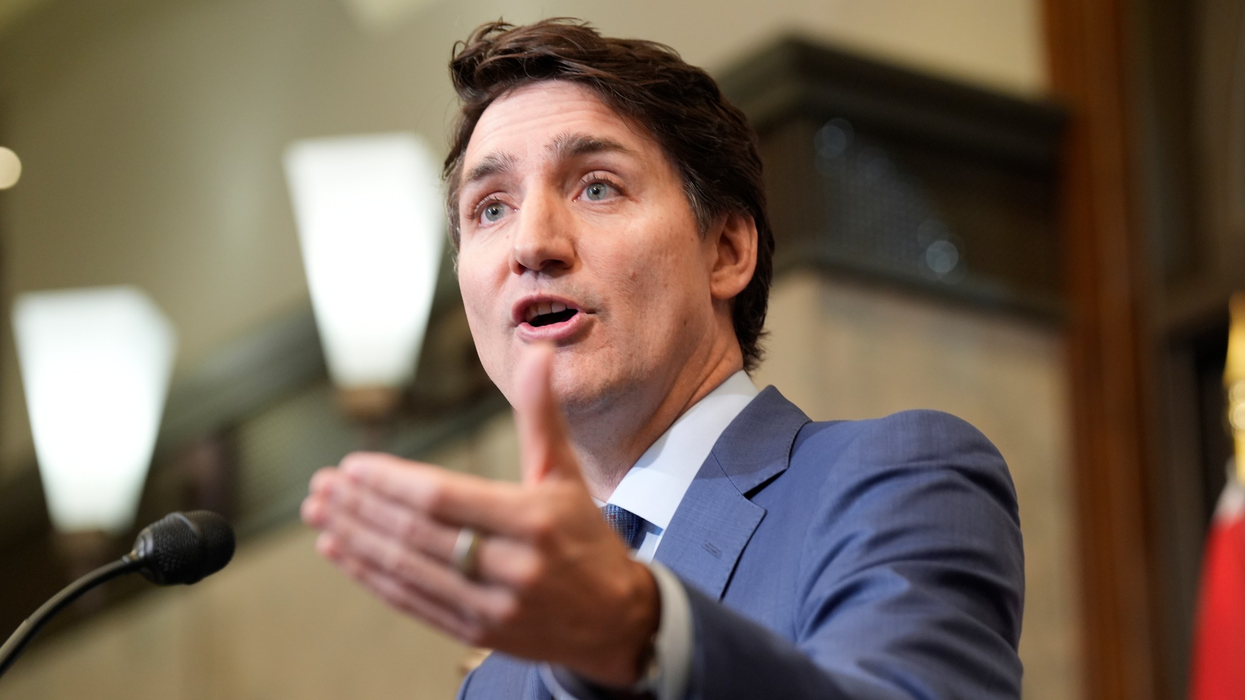 Prime Minister Justin Trudeau holds a news conference on imposed U.S. tariffs in Ottawa on Tuesday, March 4, 2025. (Adrian Wyld /The Canadian Press via AP)