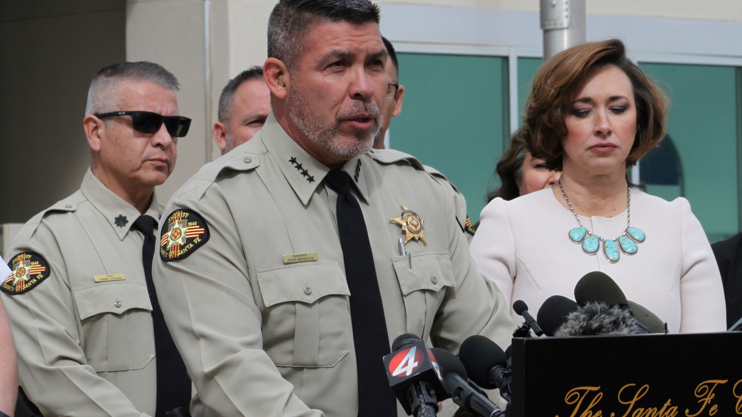 Santa Fe County Sheriff Adan Mendoza, center, answers questions about the investigation into the deaths of actor Gene Hackman and his wife Betsy Arakawa during a news conference in Santa Fe, New Mexico, on Friday, March 7, 2025. (AP Photo/Susan Montoya Bryan)