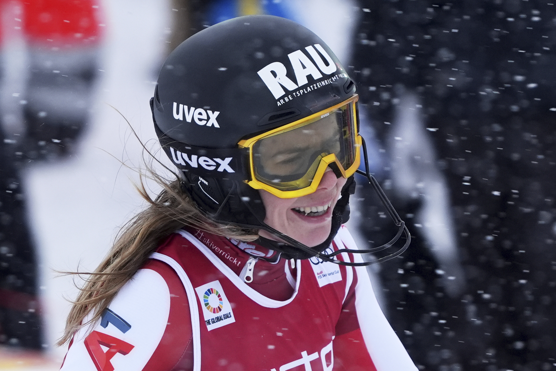 Austria's Katharina Liensberger reacts after completing an alpine ski, women's World Cup slalom in Are, Sweden, Sunday, March 9, 2025. (AP Photo/Giovanni Auletta)