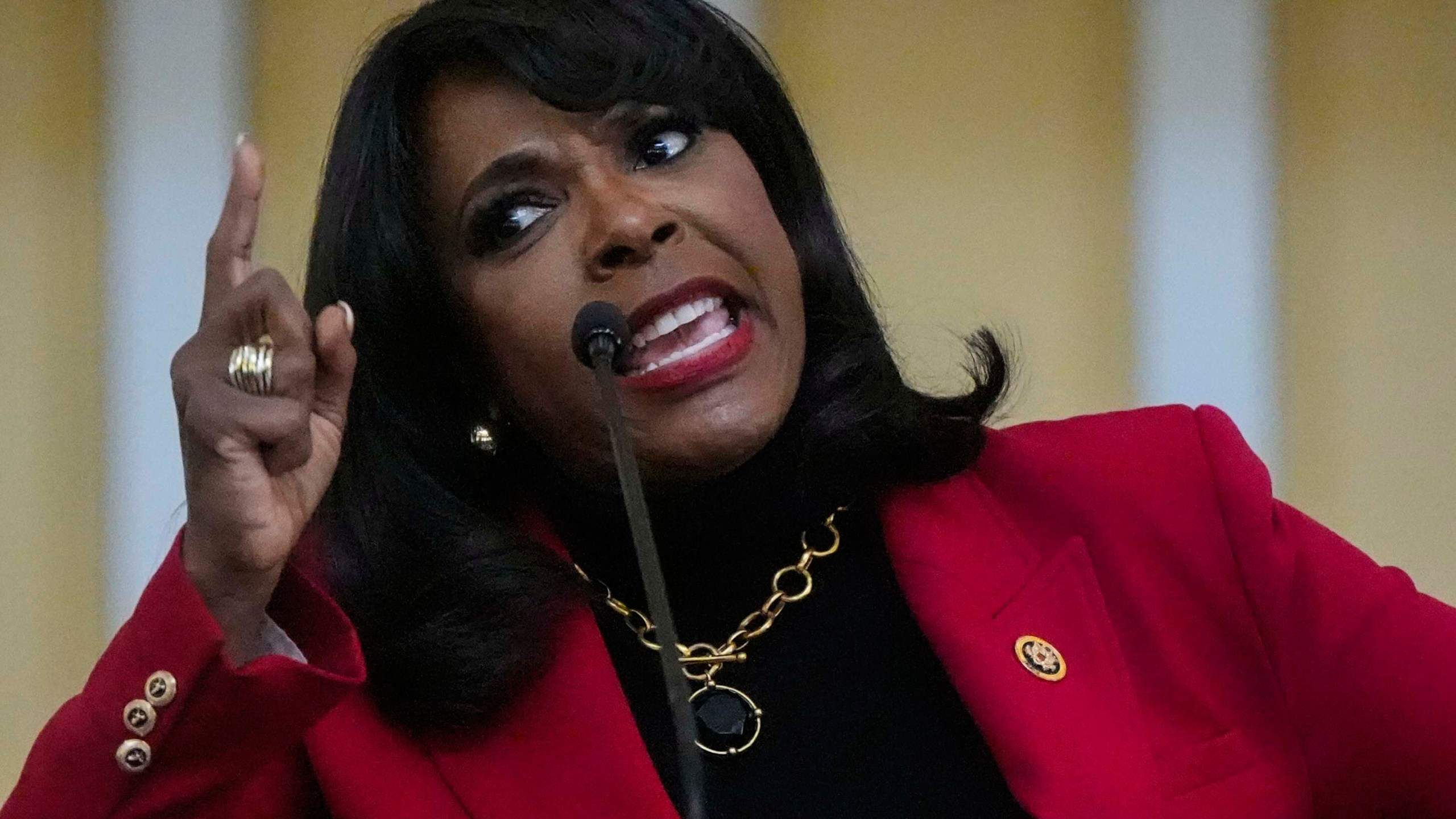 U. S. Rep Terri Sewell, R-Ala., speaks at the Tabernacle Baptist Church during the 60th anniversary of the march to ensure that African Americans could exercise their constitutional right to vote, Sunday, March 9, 2025, in Selma, Ala. (AP Photo/Mike Stewart)