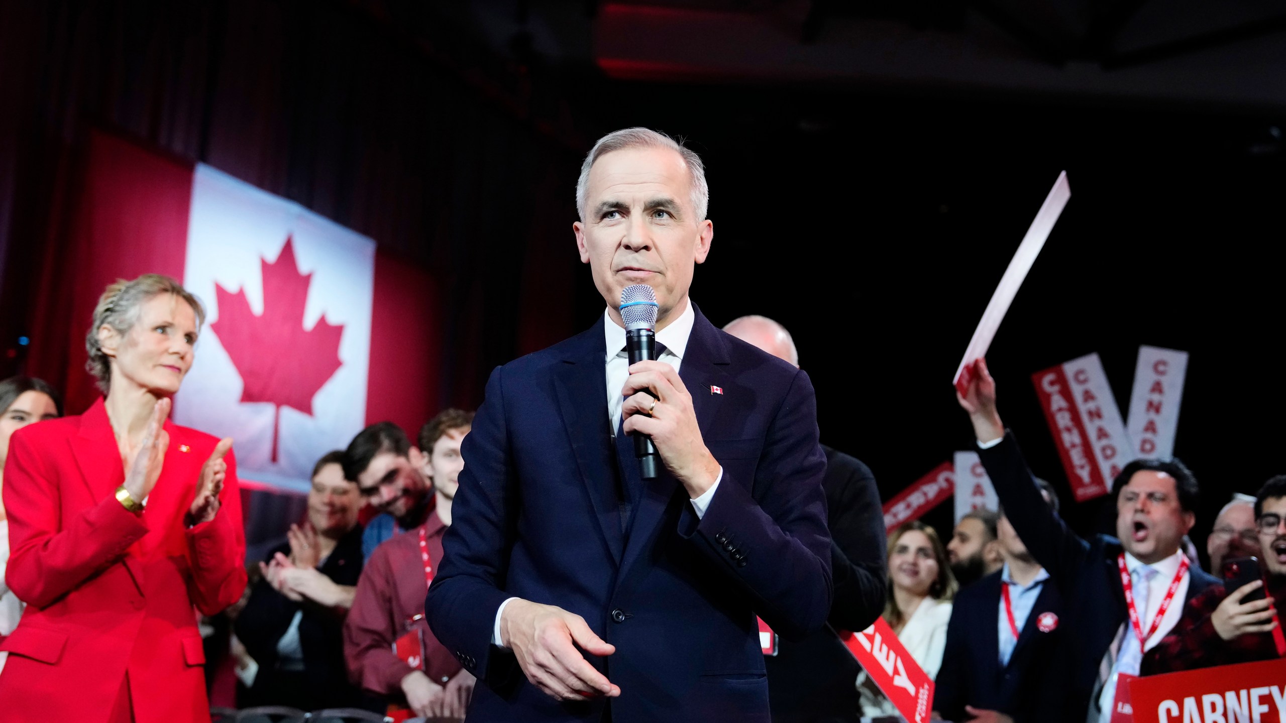 Liberal Party of Canada leadership candidate Mark Carney delivers a speech as he's introduced during the Liberal leadership announcement in Ottawa, Ontario, Sunday, March 9, 2025. (Justin Tang/The Canadian Press via AP)