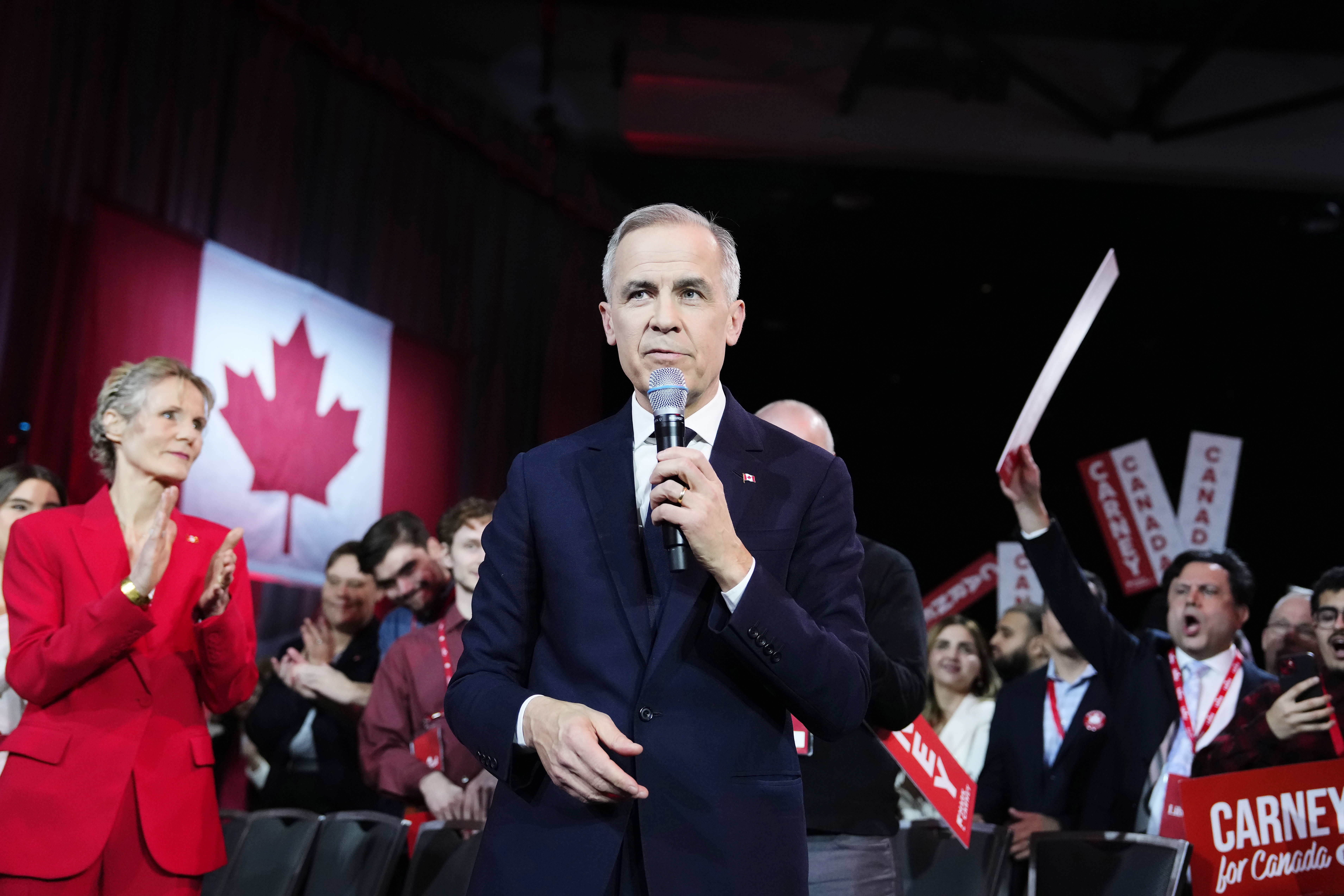 Liberal Party of Canada leadership candidate Mark Carney delivers a speech as he's introduced during the Liberal leadership announcement in Ottawa, Ontario, Sunday, March 9, 2025. (Justin Tang/The Canadian Press via AP)