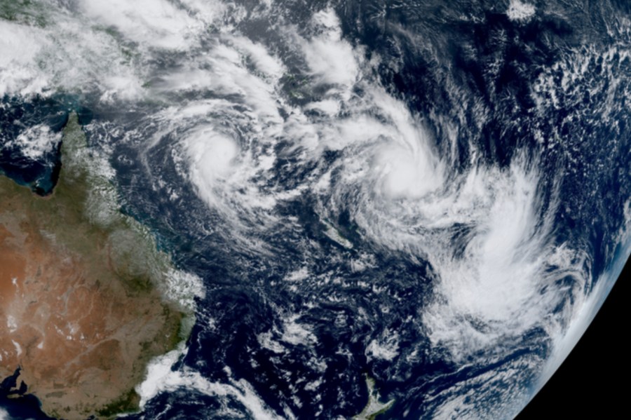 FILE - In this satellite image provided by CSU/CIRA & NOAA taken 1:10 GMT on Feb. 25, 2025, shows three cyclones, from left, Alfred, Seru and Rae east of Australia in the South Pacific. (CSU/CIRA & NOAA via AP, File)