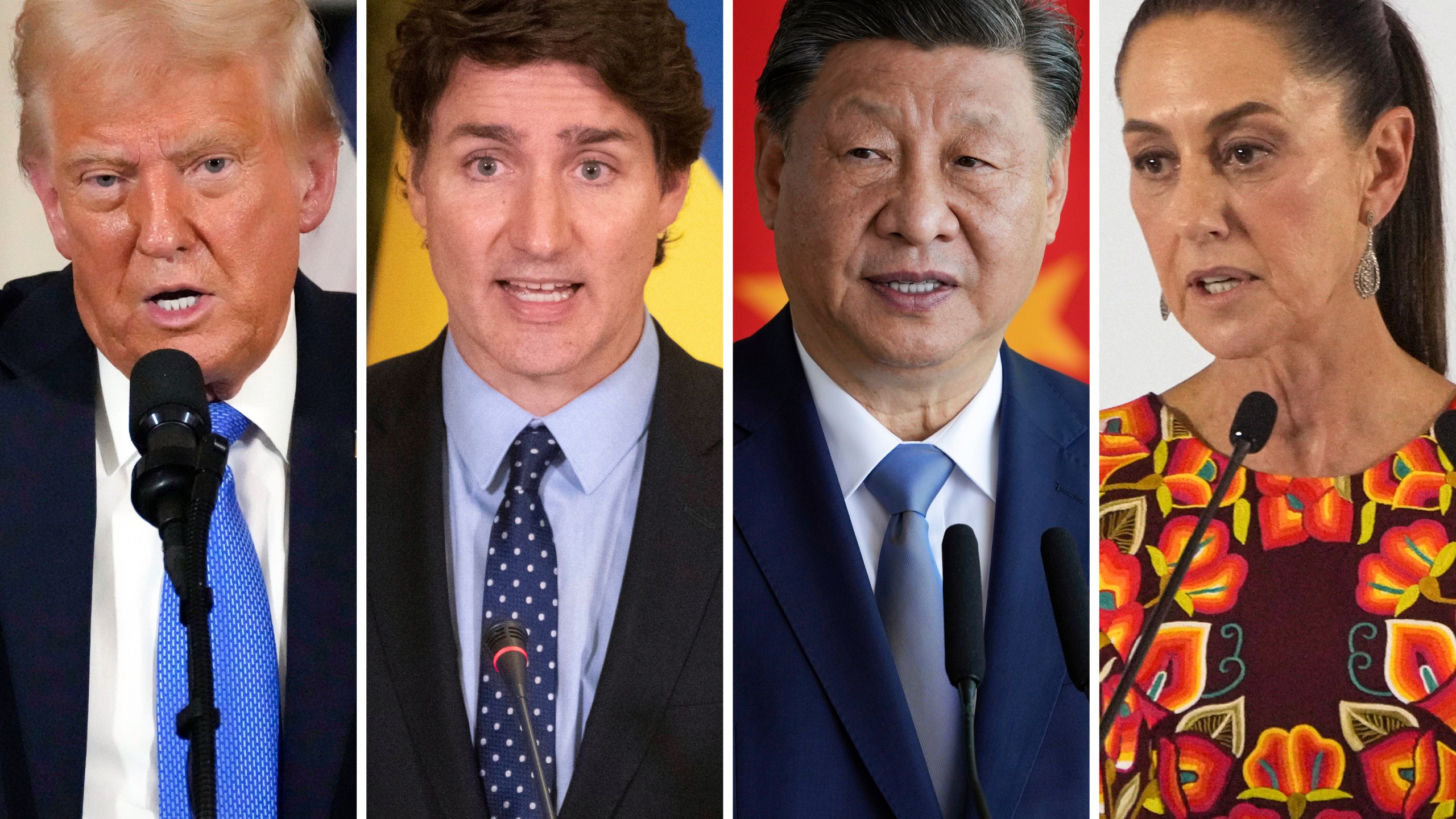 FILE - This combination of file photos shows, from left, U.S. President Donald Trump in Palm Beach, Fla., Feb. 7, 2025, Canadian Prime Minister Justin Trudeau in Kyiv, Ukraine, June 10, 2023, China's President Xi Jinping in Brasilia, Brazil, Nov. 20, 2024, and Mexico's President in Mexico City, June 27, 2024, Claudia Sheinbaum. (AP Photo, File)