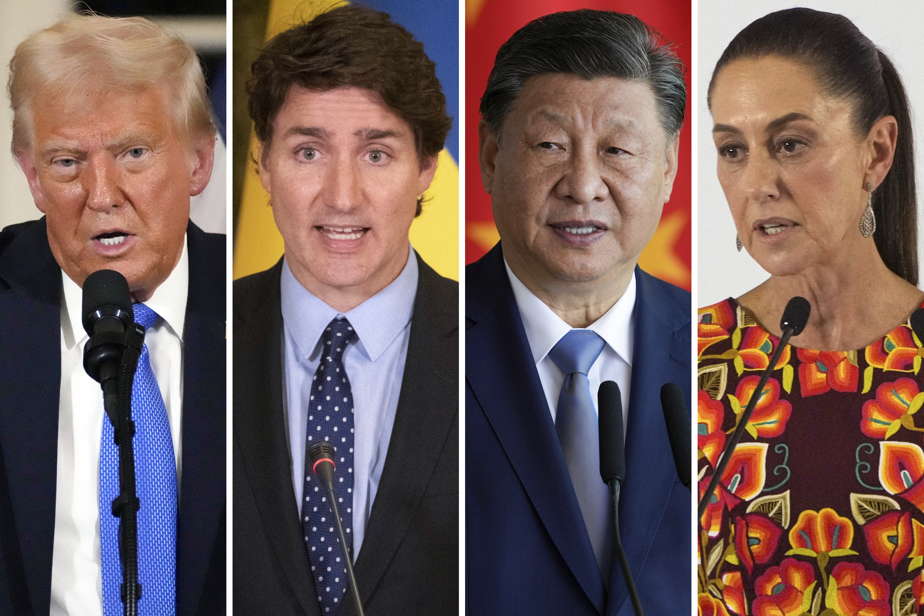 FILE - This combination of file photos shows, from left, U.S. President Donald Trump in Palm Beach, Fla., Feb. 7, 2025, Canadian Prime Minister Justin Trudeau in Kyiv, Ukraine, June 10, 2023, China's President Xi Jinping in Brasilia, Brazil, Nov. 20, 2024, and Mexico's President in Mexico City, June 27, 2024, Claudia Sheinbaum. (AP Photo, File)