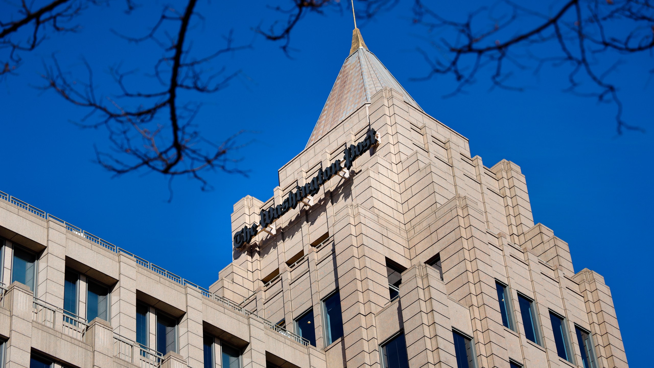 FILE - The One Franklin Square Building, home of The Washington Post, in downtown Washington, Feb. 8, 2019. (AP Photo/Pablo Martinez Monsivais, file)