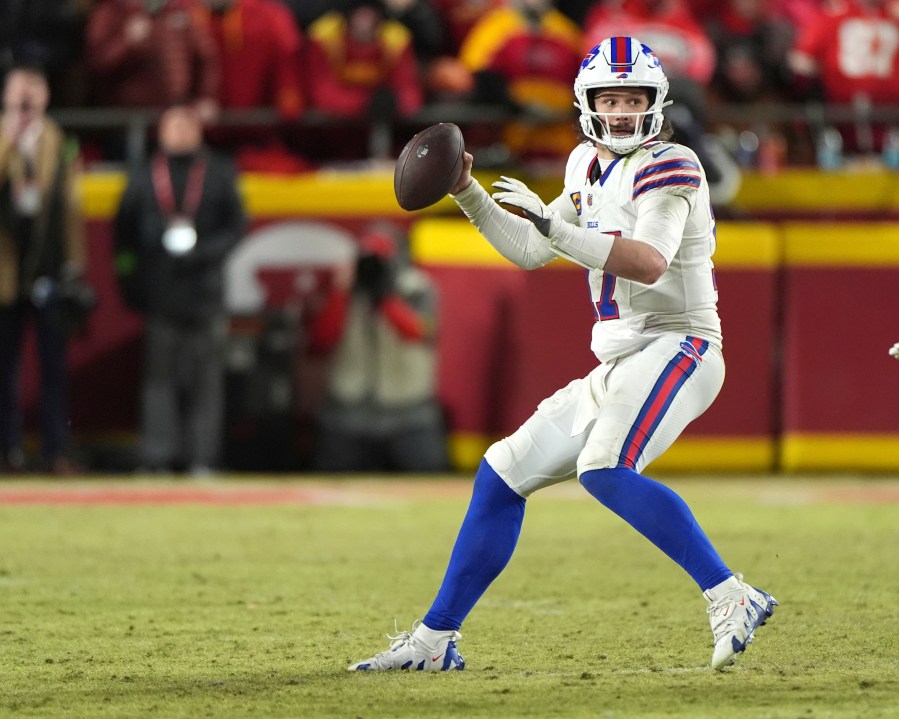 FILE - Buffalo Bills quarterback Josh Allen looks to pass during the second half of the AFC Championship NFL football game against the Kansas City Chiefs, Monday, Jan. 27, 2025, in Kansas City, Mo. (AP Photo/Charlie Riedel, File)