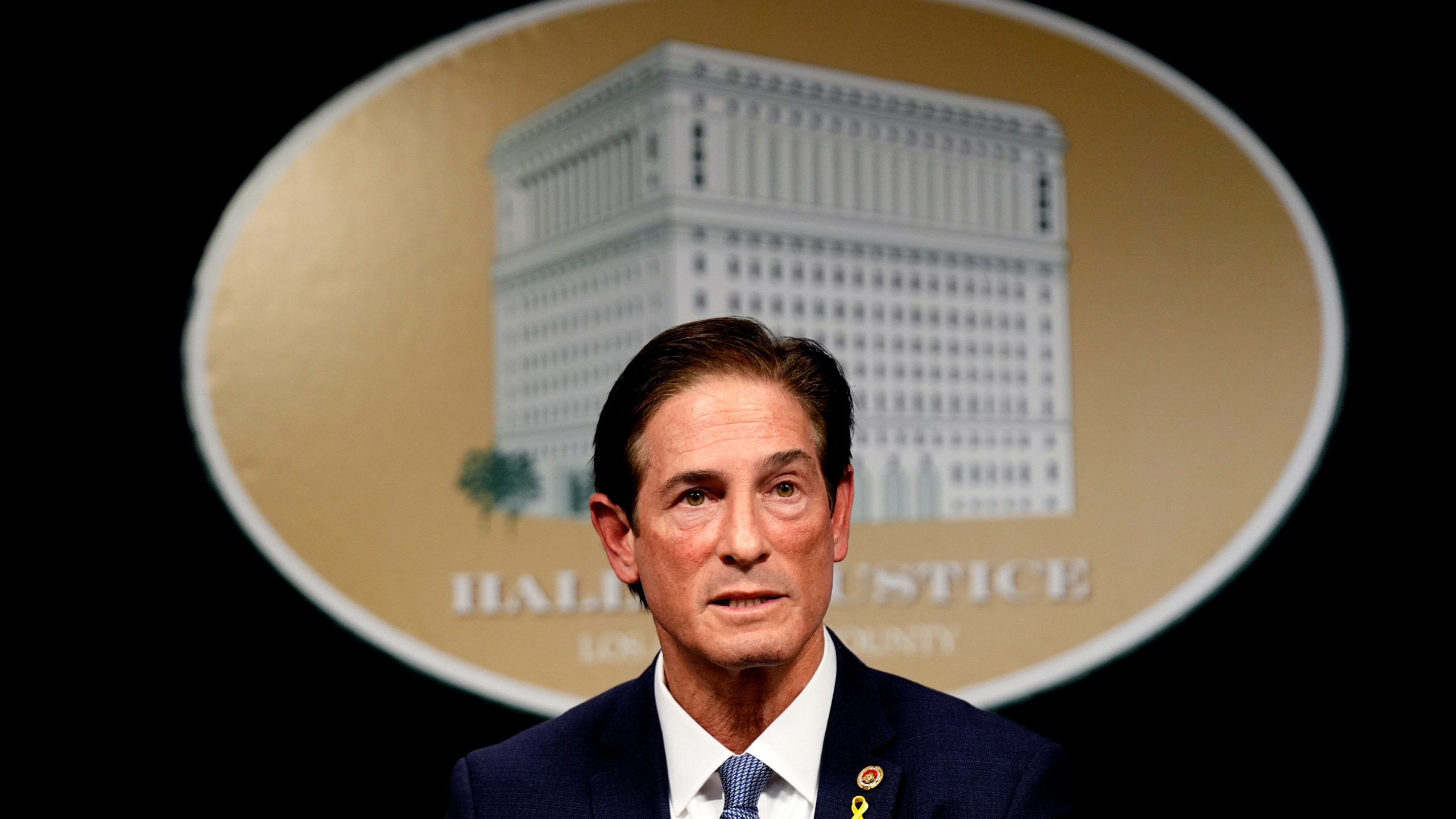 FILE - Los Angeles County District Attorney Nathan Hochman talks about the resentencing of Erik and Lyle Menendez for the murders of their parents decades ago during a news conference in downtown Los Angeles, Friday, Jan. 3, 2025. (AP Photo/Damian Dovarganes, File)