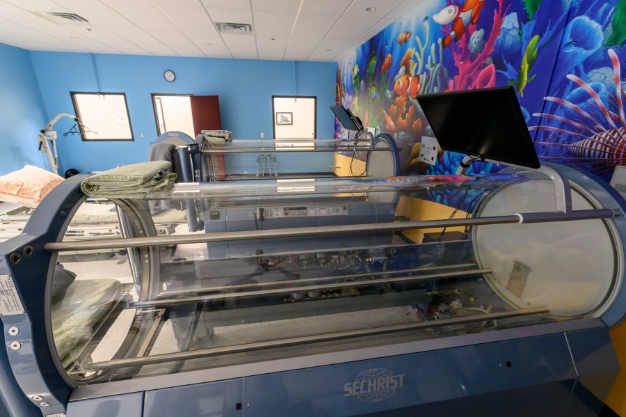 FILE - A hyperbaric chamber at the Oxford Center in Brighton, Mich., is shown Feb. 8, 2024. (David Guralnick/Detroit News via AP, file)