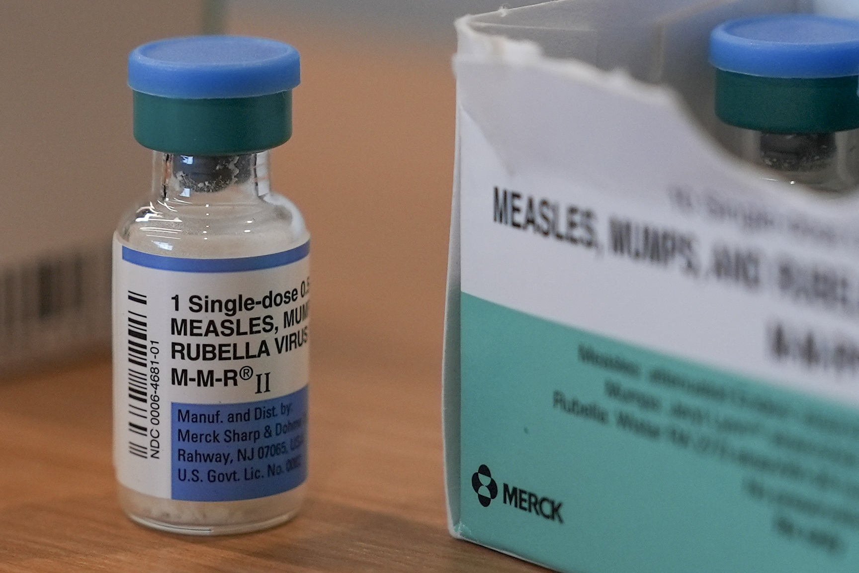 FILE - A vial of the measles, mumps and rubella vaccine is on display at the Lubbock Health Department Wednesday, Feb. 26, 2025, in Lubbock, Texas. (AP Photo/Mary Conlon, File)