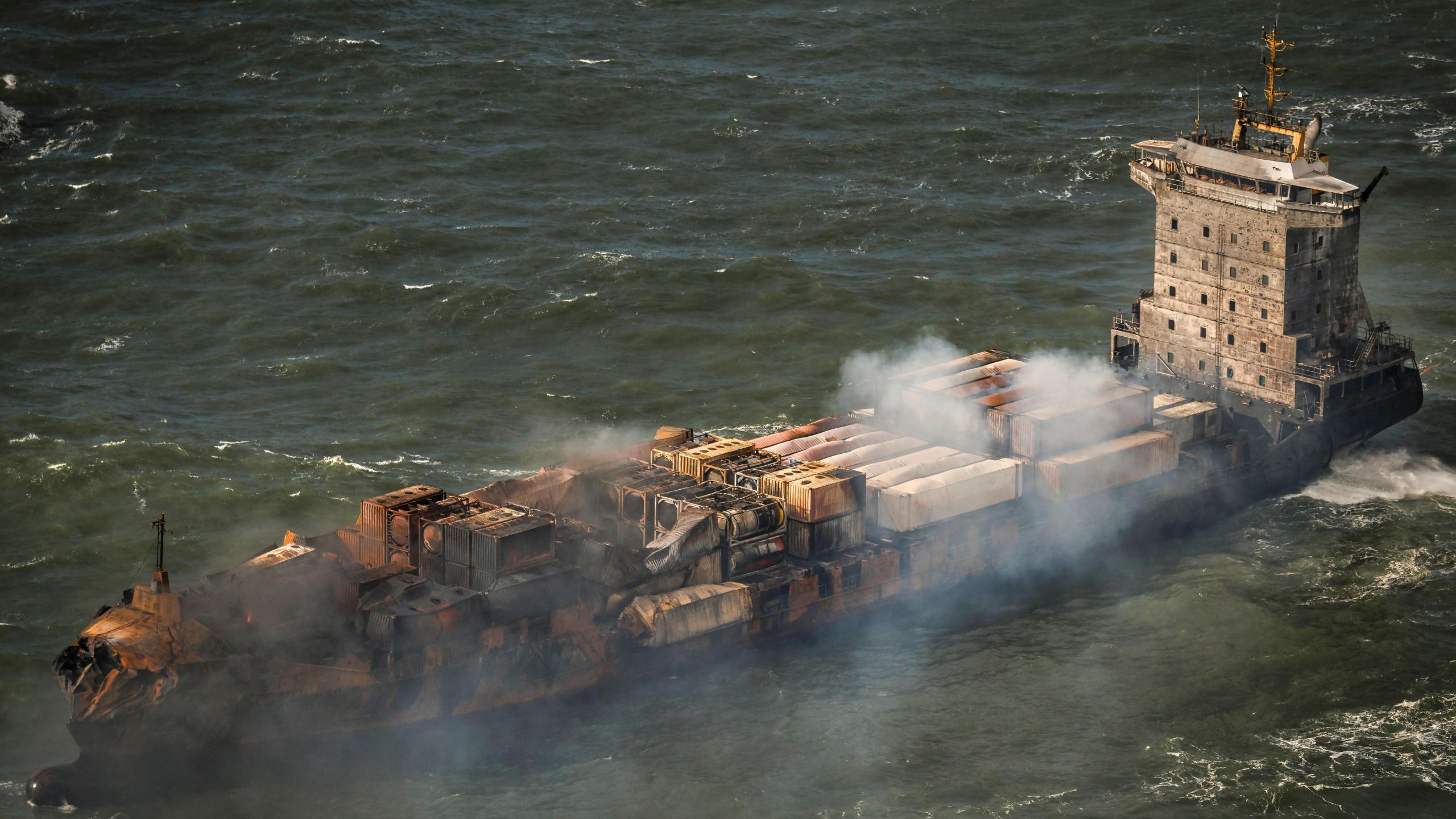 Smoke billows from the MV Solong cargo ship in the North Sea, off the Yorkshire coast, Tuesday, March 11, 2025, in England. (Dan Kitwood/Pool Photo via AP)