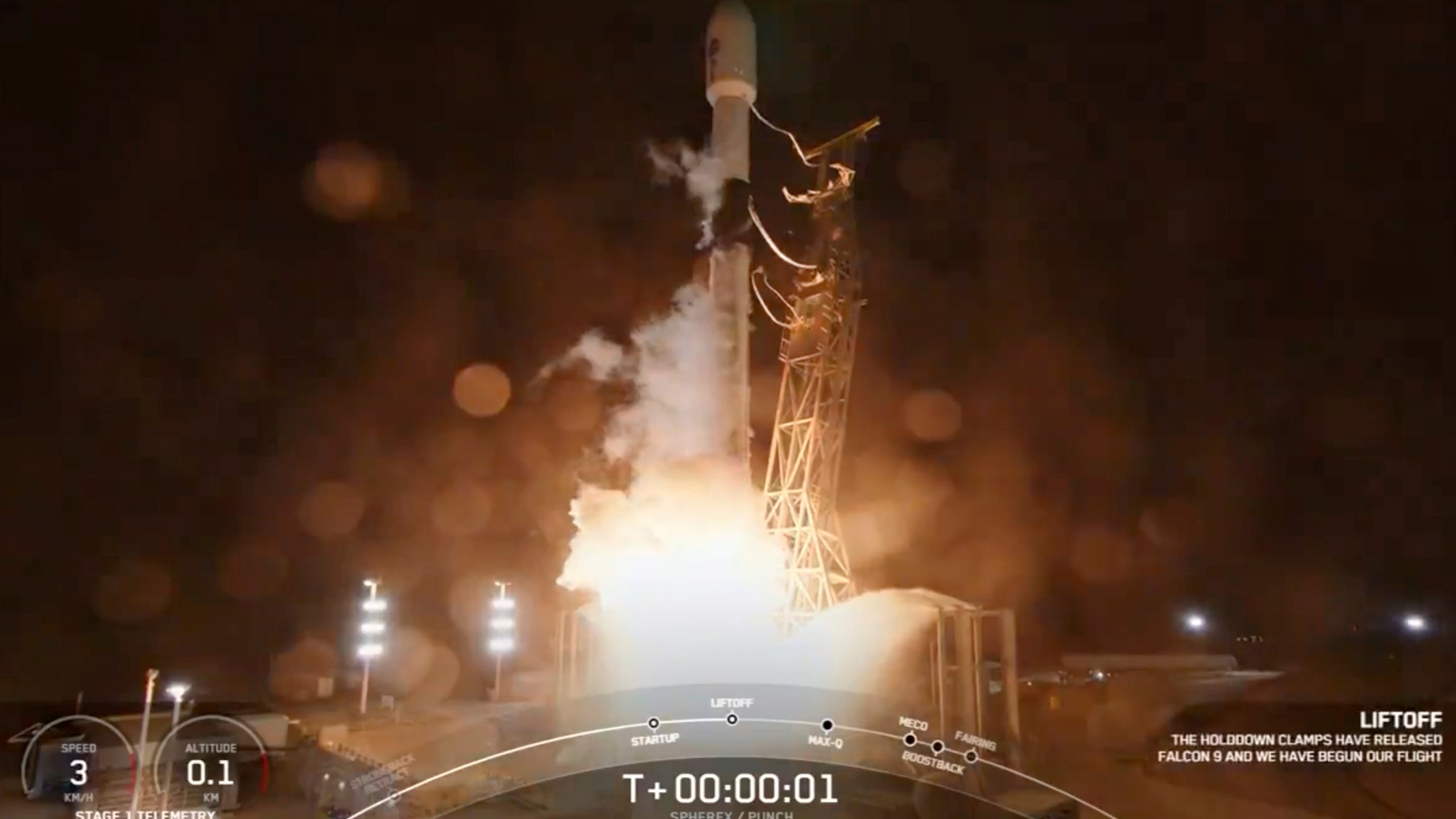 In this image from video provided by SpaceX, the company's SpaceX’s Falcon rocket, carrying NASA's newest space telescope, Spherex, lifts off from Vandenberg Space Force Base, Calif., Tuesday, March 11, 2025. (SpaceX via AP)