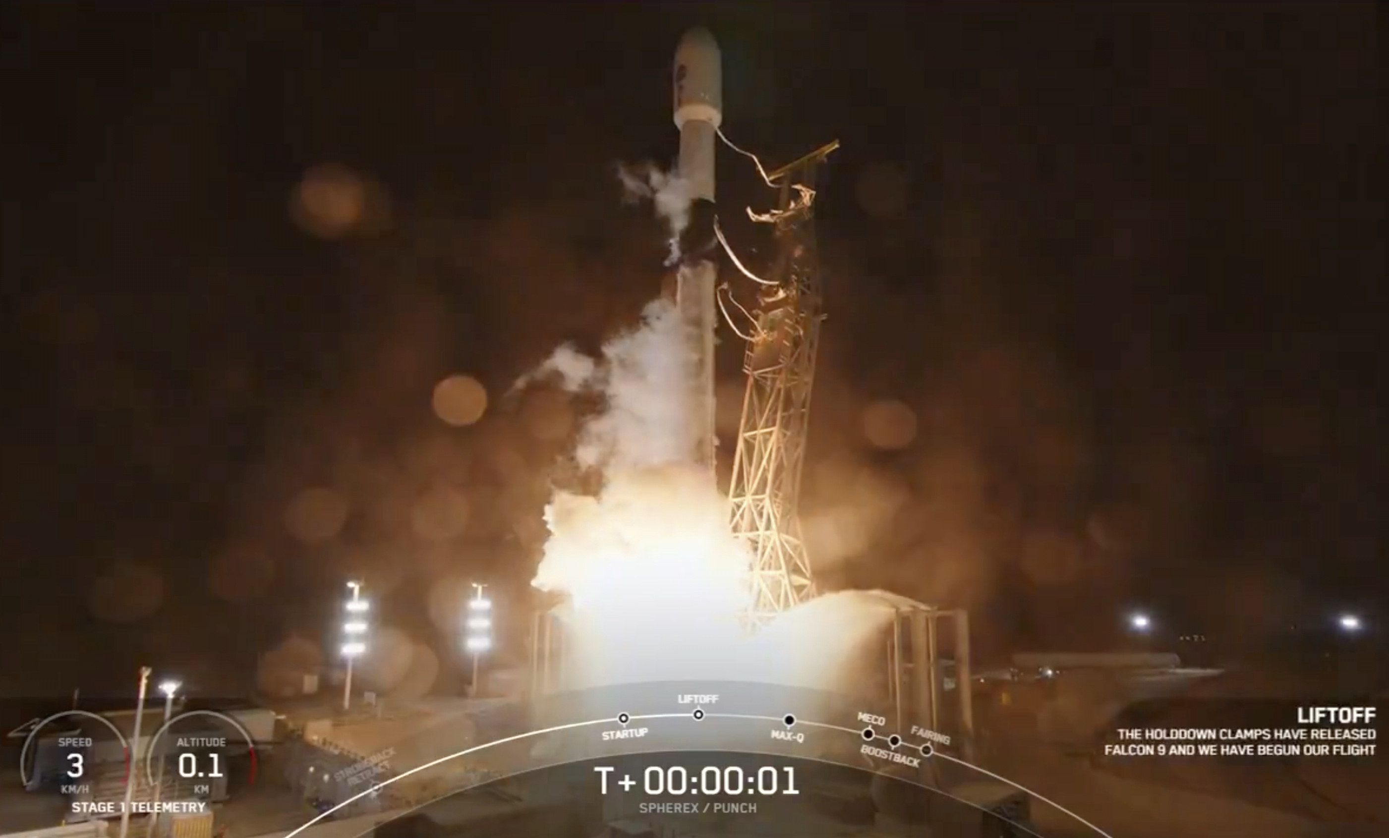 In this image from video provided by SpaceX, the company's SpaceX’s Falcon rocket, carrying NASA's newest space telescope, Spherex, lifts off from Vandenberg Space Force Base, Calif., Tuesday, March 11, 2025. (SpaceX via AP)