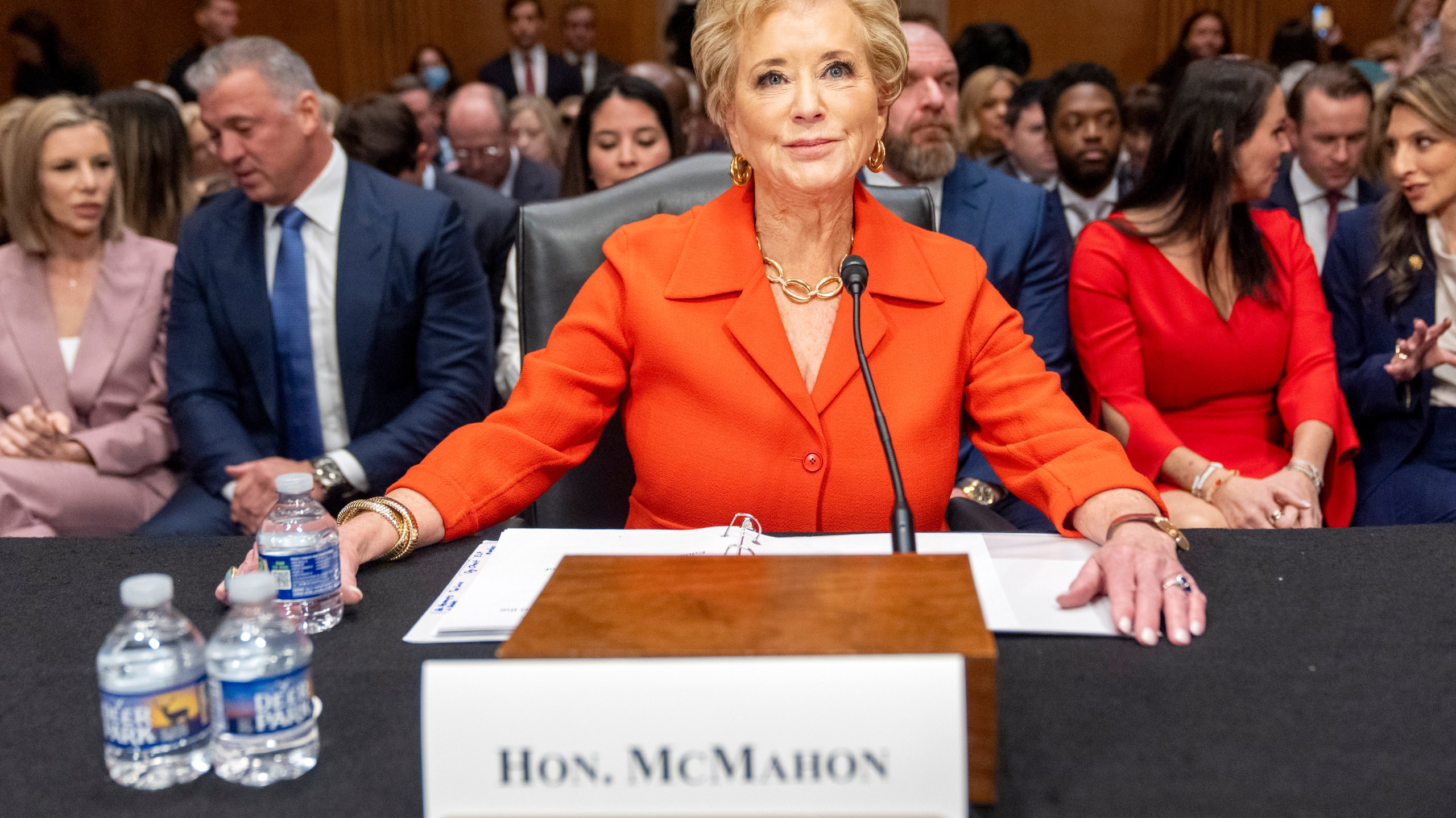 Linda McMahon, President Donald Trump's nominee for Secretary of Education, arrives for a hearing of the Health, Education, and Labor Committee on her nomination, Thursday, Feb. 13, 2025, in Washington. (AP Photo/Jacquelyn Martin)