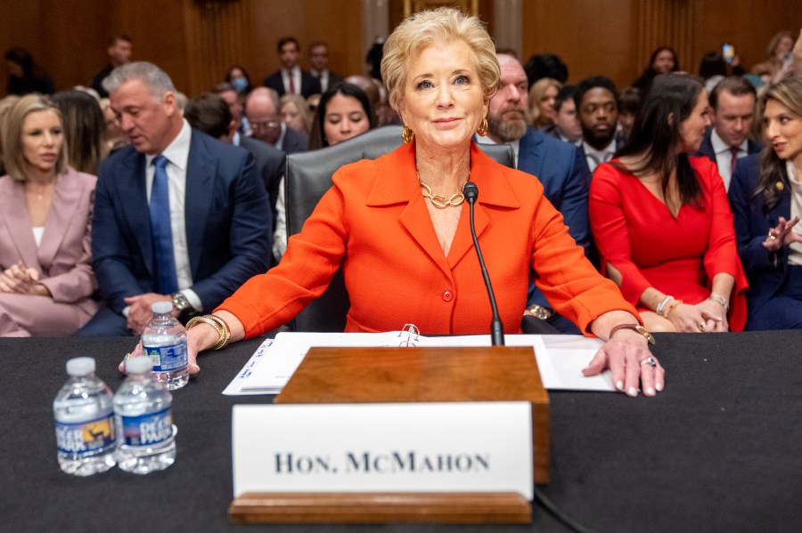 Linda McMahon, President Donald Trump's nominee for Secretary of Education, arrives for a hearing of the Health, Education, and Labor Committee on her nomination, Thursday, Feb. 13, 2025, in Washington. (AP Photo/Jacquelyn Martin)