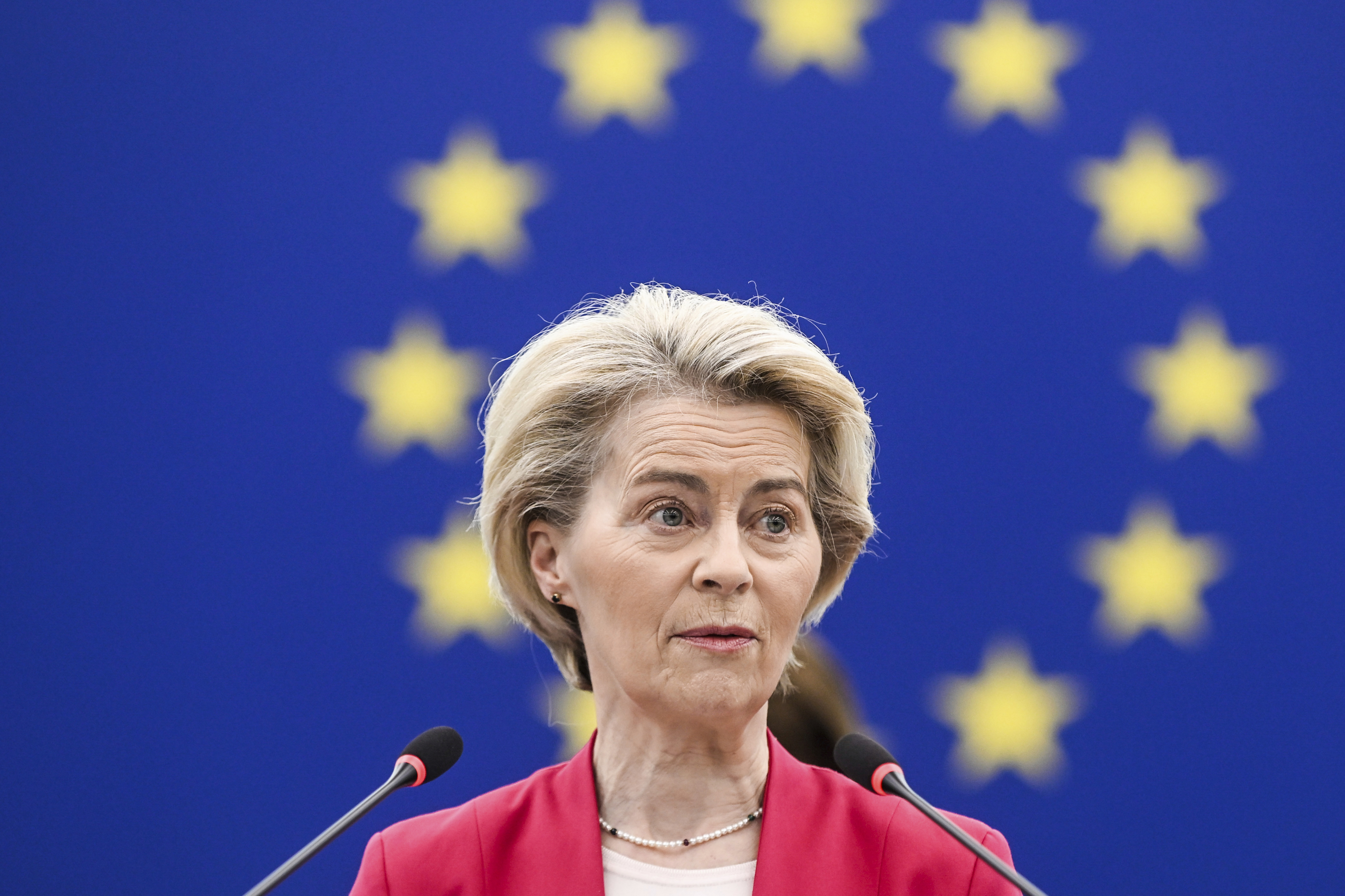 European Commission president Ursula von der Leyen addresses European Parliament members on new plans to ramp up defense spending agreed at last week's summit, Tuesday, March 11, 2025 at the European Parliament in Strasbourg, eastern France. (AP Photo/Pascal Bastien)