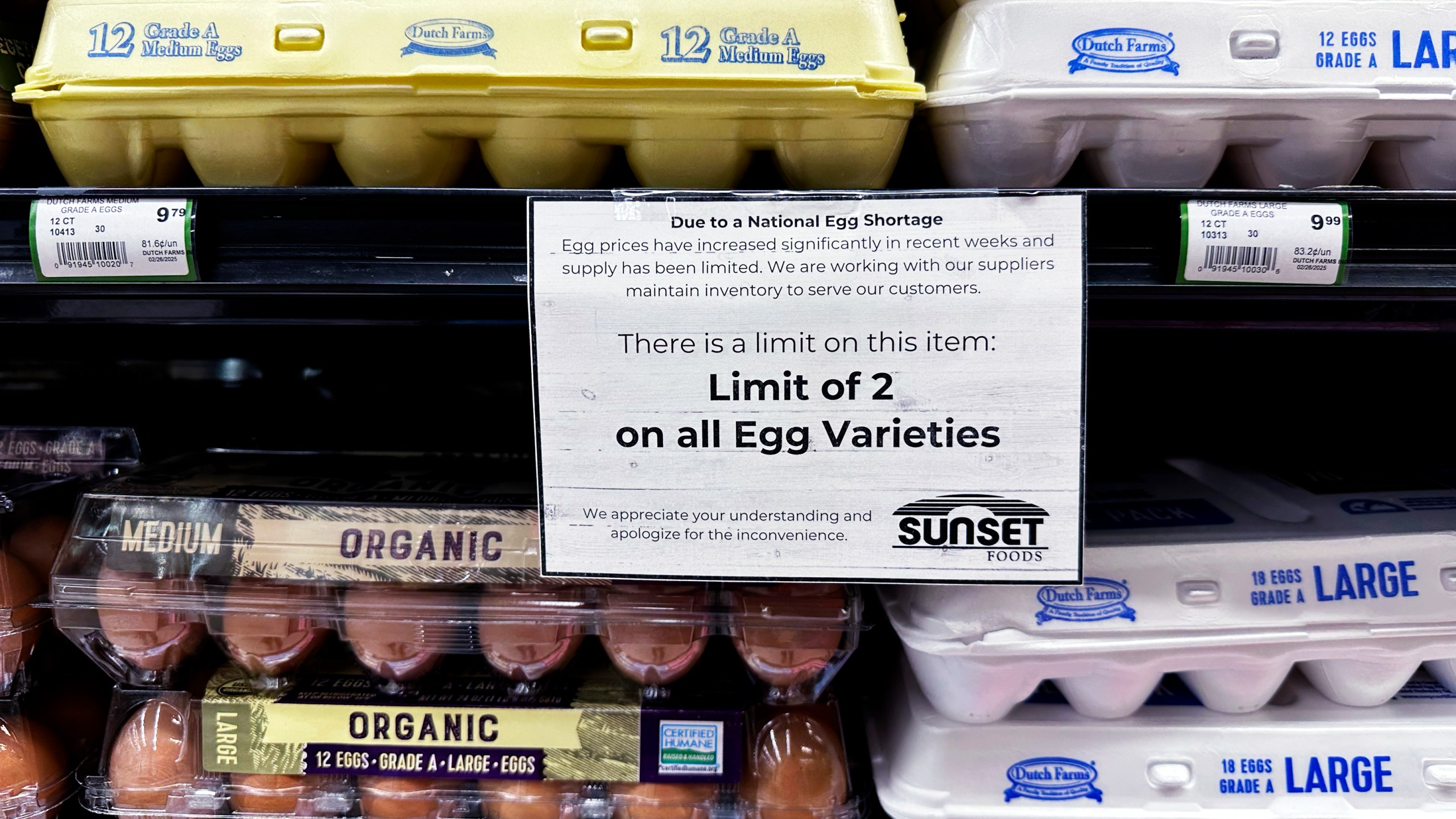 FILE - A sign is mounted on a shelve of eggs at a grocery store in Northbrook, Ill., Feb. 28, 2025. (AP Photo/Nam Y. Huh, file)