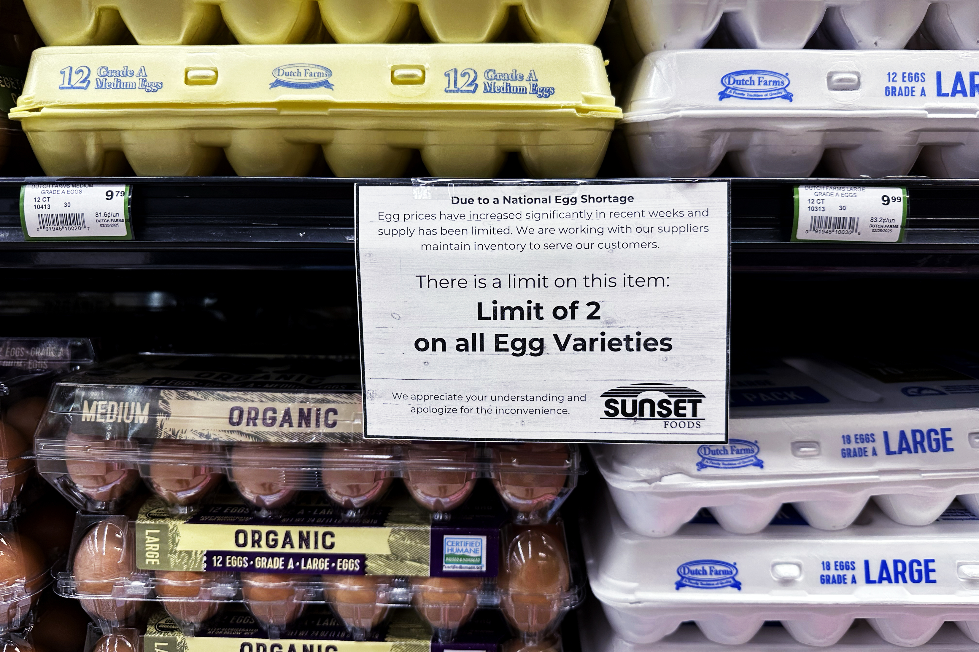 FILE - A sign is mounted on a shelve of eggs at a grocery store in Northbrook, Ill., Feb. 28, 2025. (AP Photo/Nam Y. Huh, file)