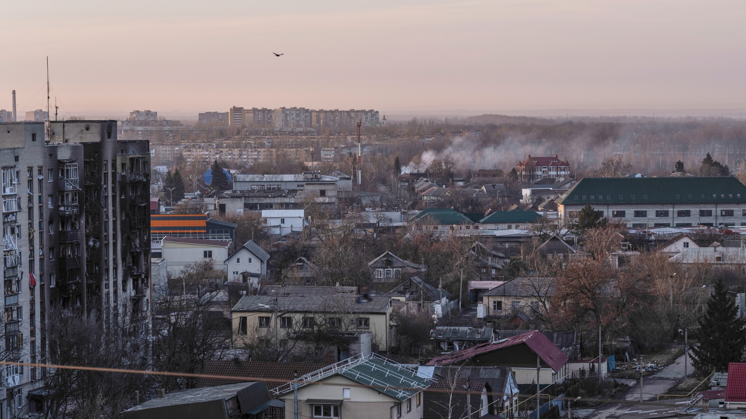 In this photo provided by Ukraine's 93rd Kholodnyi Yar Separate Mechanized Brigade press service, an aerial view shows Pokrovsk, the site of heavy battles with Russian troops, in the Donetsk region, Ukraine, Sunday, March 9, 2025. (Iryna Rybakova/Ukraine's 93rd Mechanized Brigade via AP)