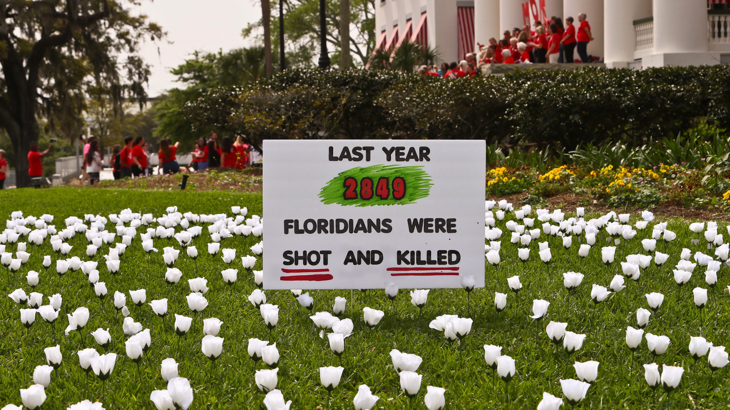 FILE - A sign and about 2,849 white silk roses, planted by South Florida members of Moms Demand Action to symbolize Floridians shot and killed last year, in front of the Old Capitol, March 9, 2023 at the Capitol in Tallahassee, Fla. (AP Photo/Phil Sears, file)