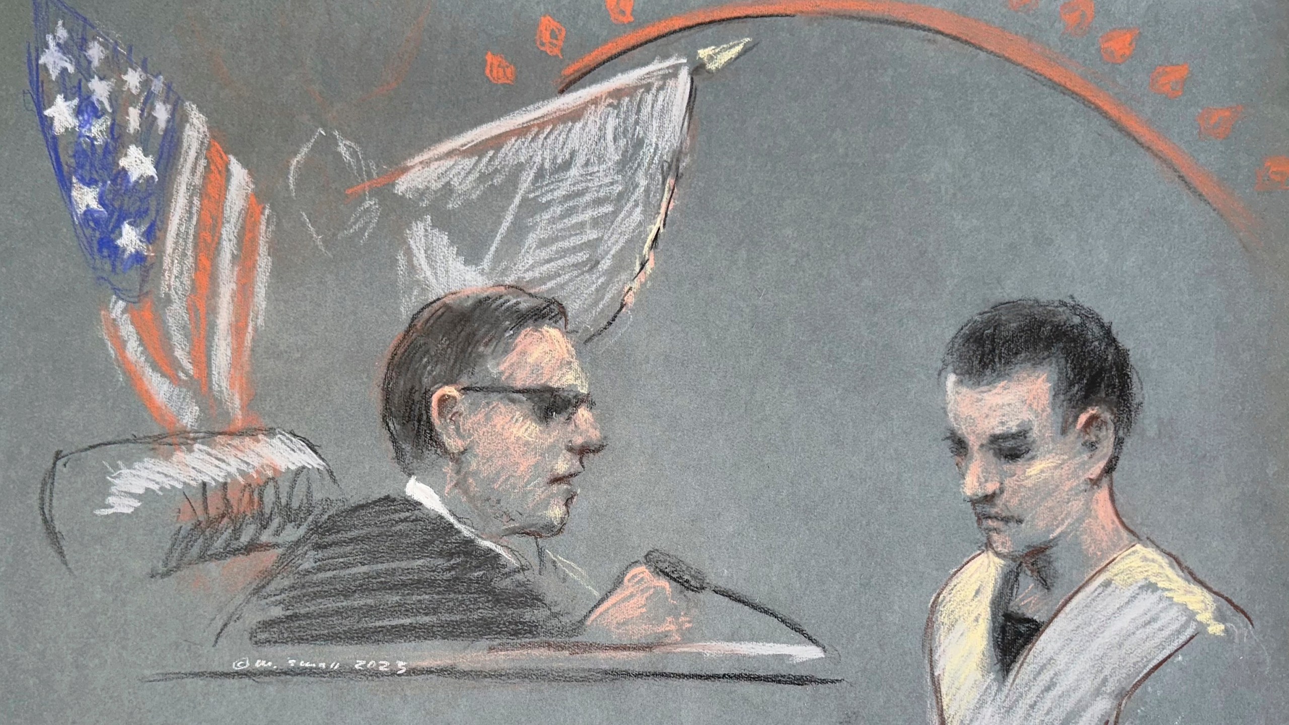 FILE - Massachusetts Air National Guardsman Jack Teixeira, right, appears in U.S. District Court in Boston, Friday, April 14, 2023. (Margaret Small via AP)