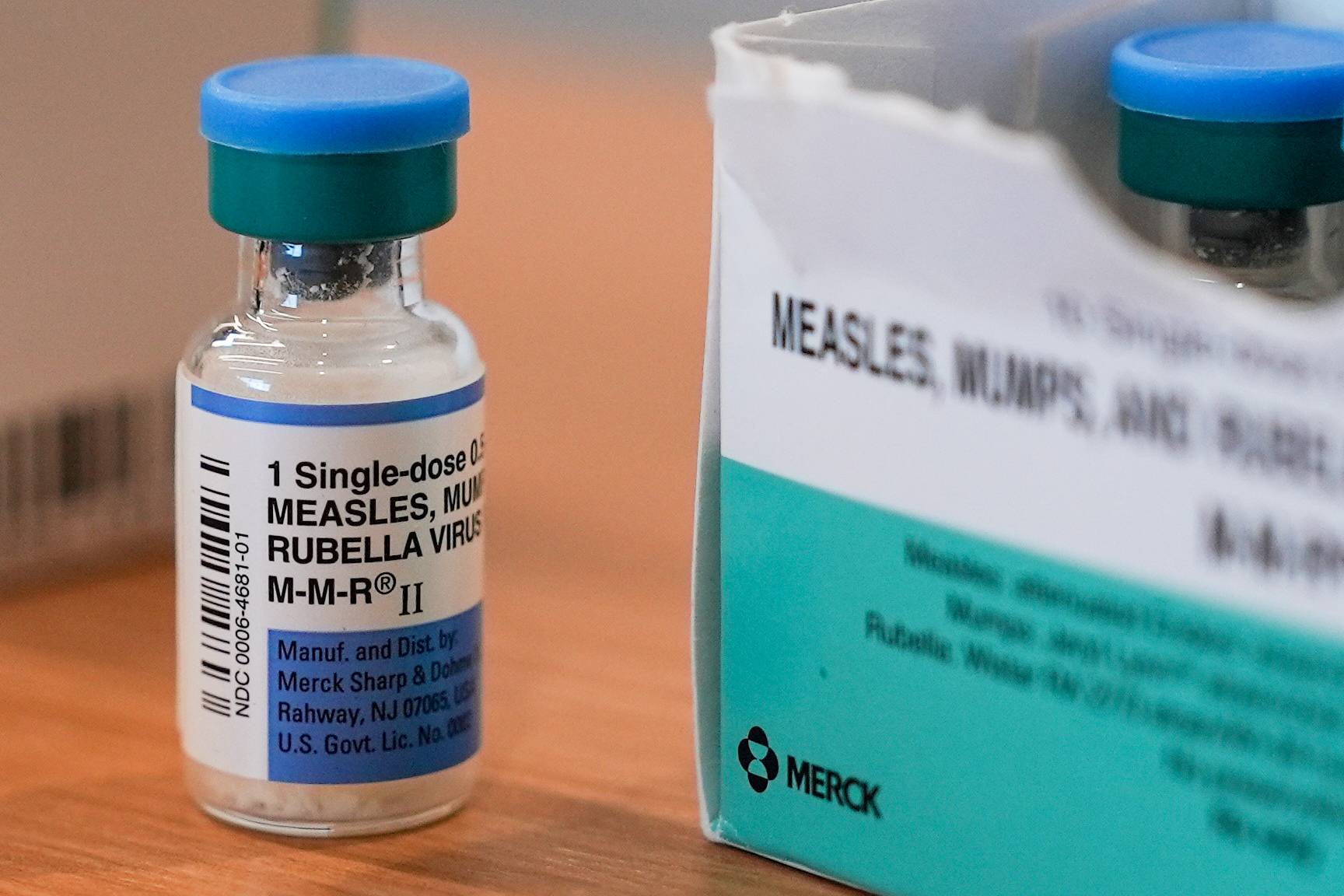 FILE - A vial of the measles, mumps and rubella vaccine is on display at the Lubbock Health Department Wednesday, Feb. 26, 2025, in Lubbock, Texas. (AP Photo/Mary Conlon, File)