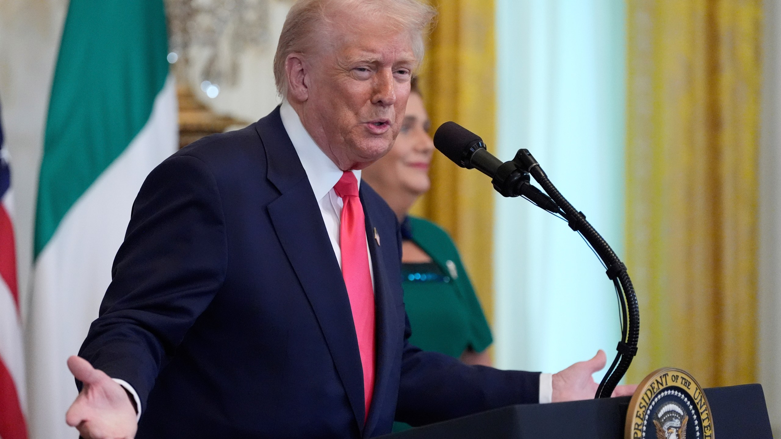 President Donald Trump speaks during an event with Ireland's Prime Minister Micheál Martin in the East Room of the White House in Washington, Wednesday, March 12, 2025. (AP Photo/Alex Brandon)