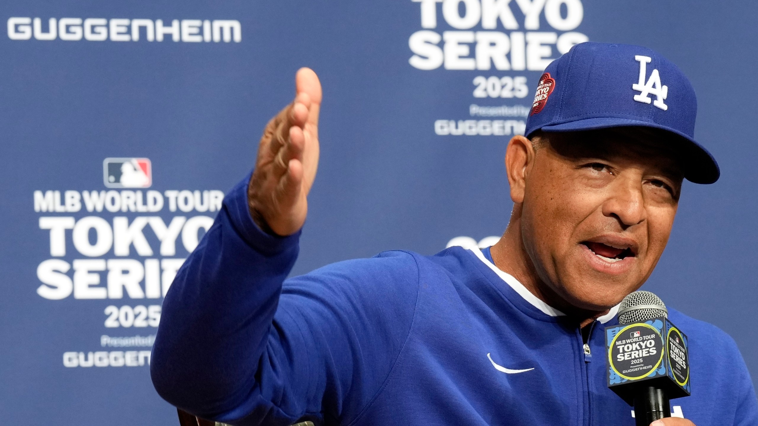 Los Angeles Dodgers manager Dave Roberts attends the official Press conference Friday, March 14, 2025, in Tokyo, as the Dodgers play their MLB opening games against the Chicago Cubs at Tokyo Dome next week. (AP Photo/Eugene Hoshiko)