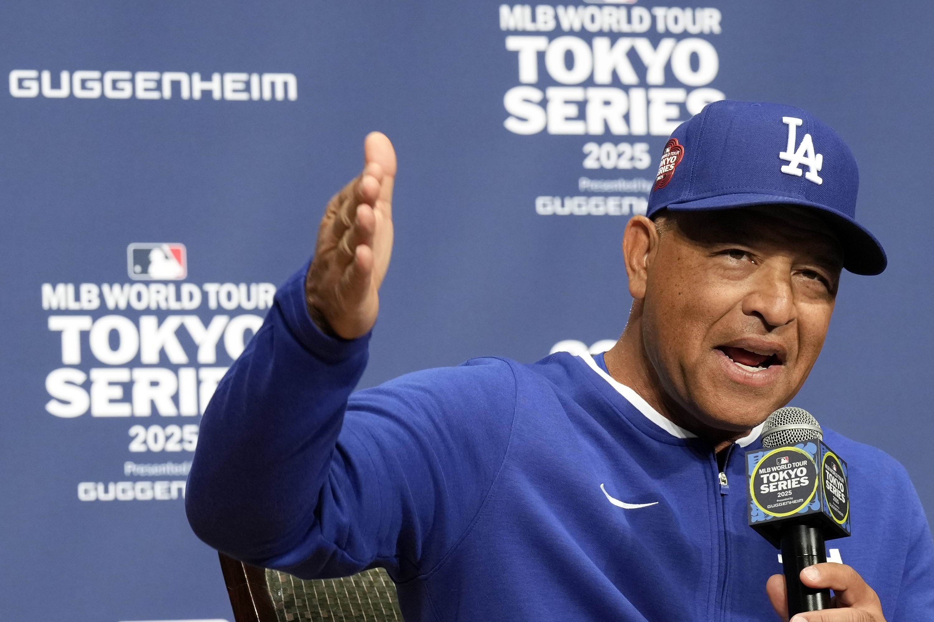 Los Angeles Dodgers manager Dave Roberts attends the official Press conference Friday, March 14, 2025, in Tokyo, as the Dodgers play their MLB opening games against the Chicago Cubs at Tokyo Dome next week. (AP Photo/Eugene Hoshiko)