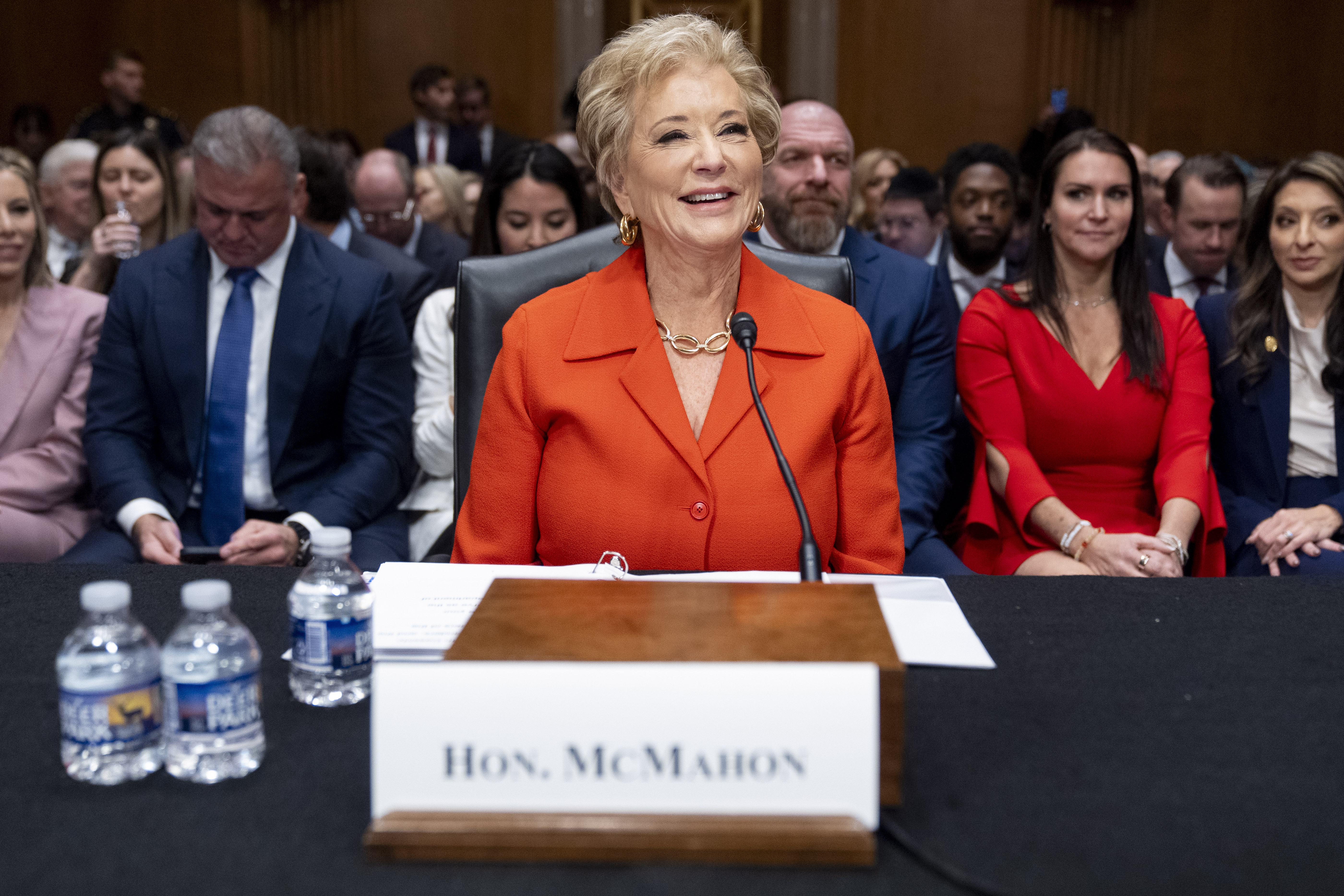 Linda McMahon, President Donald Trump's nominee for Secretary of Education, arrives for a hearing of the Health, Education, and Labor Committee on her nomination, Thursday, Feb. 13, 2025, in Washington. (AP Photo/Jacquelyn Martin)