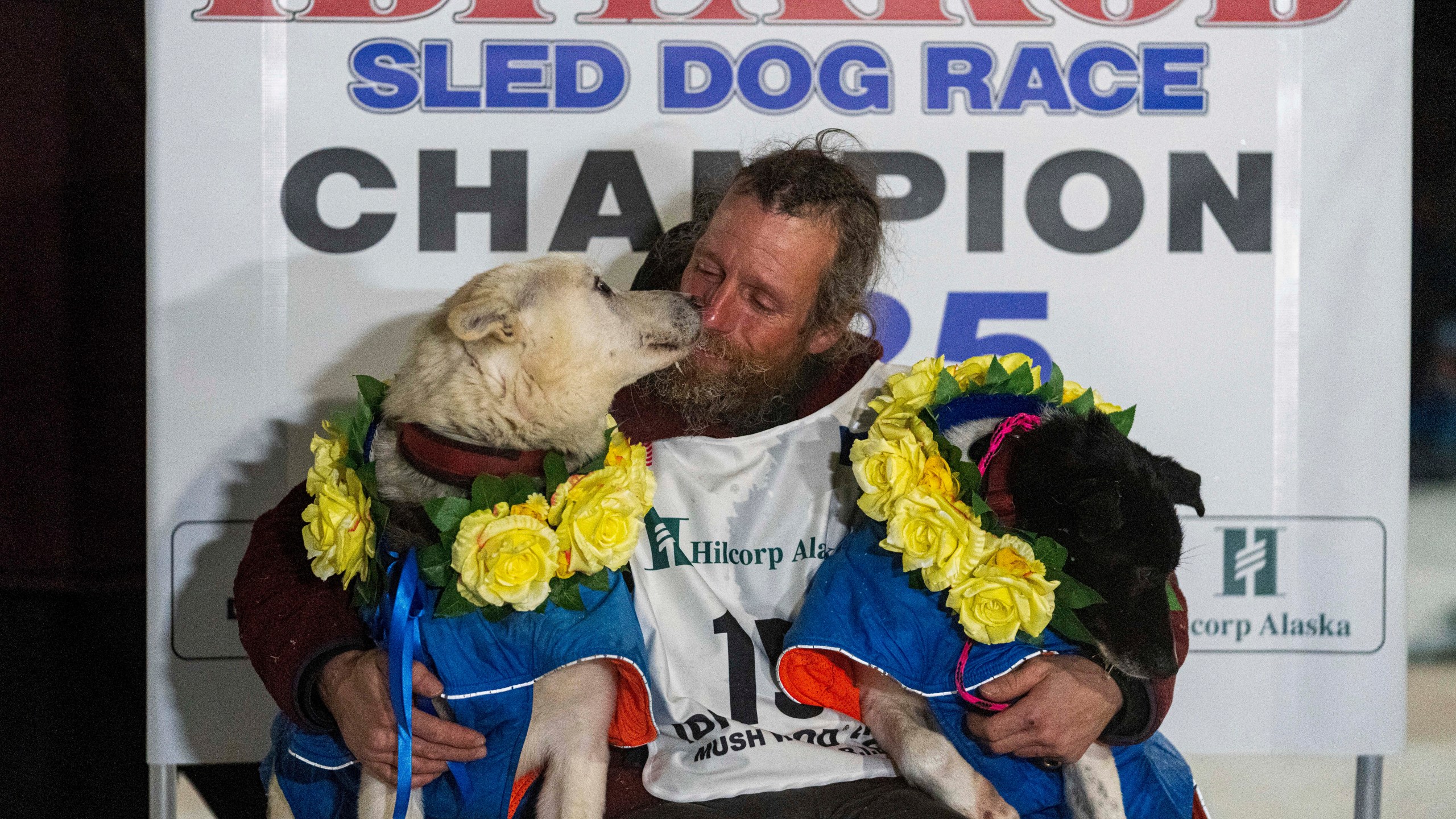 Jessie Holmes hugs his lead dogs Polar, left, and Hercules after winning the Iditarod Trail Sled Dog Race early Friday morning, March 14, 2025 in Nome. (Loren Holme/Anchorage Daily News via AP)