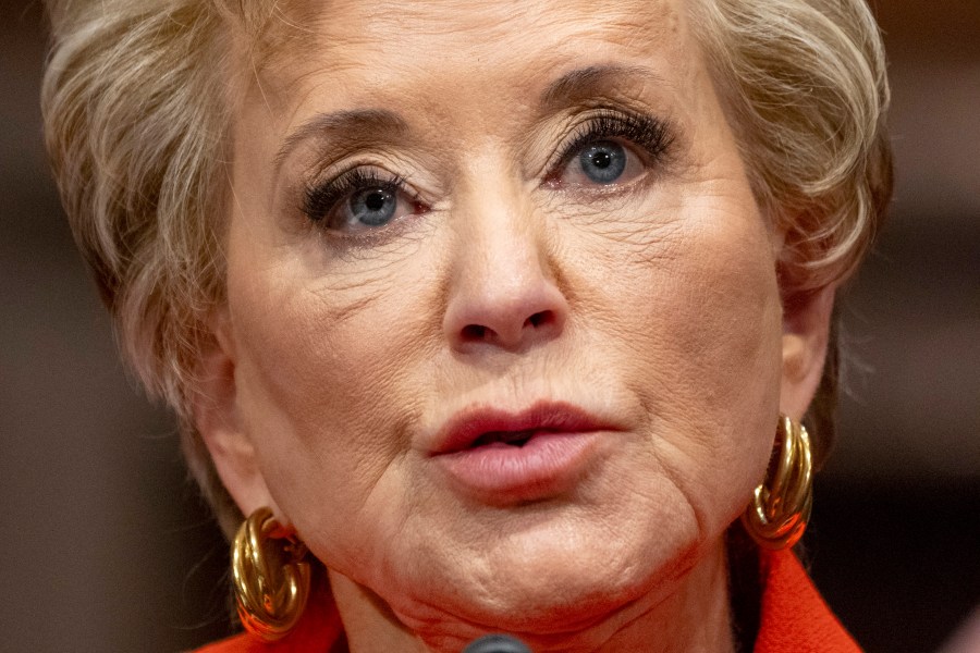 Linda McMahon, President Donald Trump's nominee for Secretary of Education, speaks during a hearing of the Health, Education, and Labor Committee on her nomination, Thursday, Feb. 13, 2025, in Washington. (AP Photo/Jacquelyn Martin)