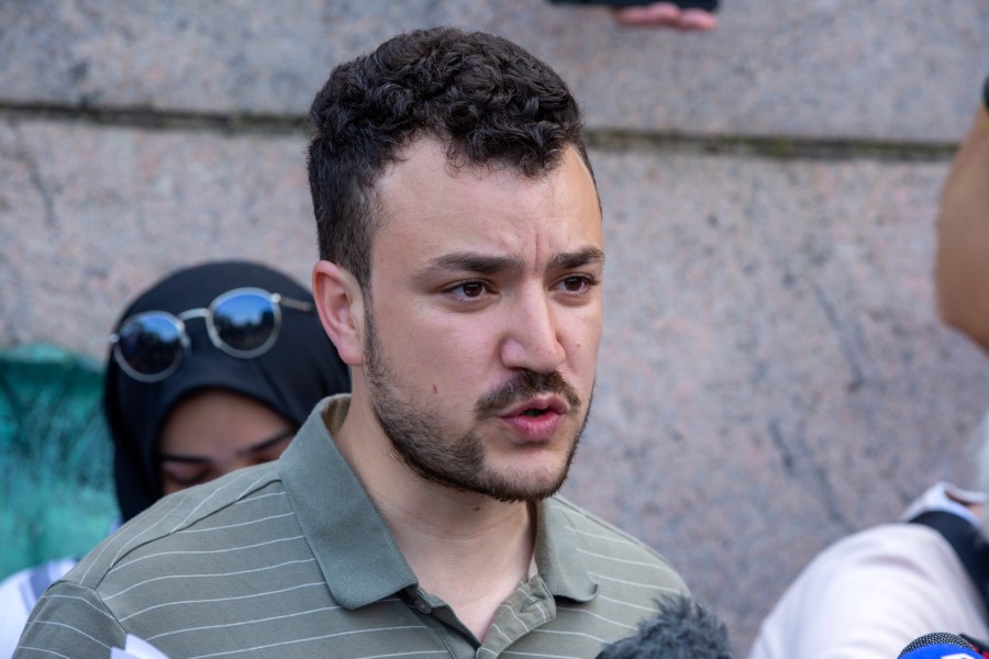 FILE - Student negotiator Mahmoud Khalil is on the Columbia University campus in New York at a pro-Palestinian protest encampment on April 29, 2024. (AP Photo/Ted Shaffrey, file)