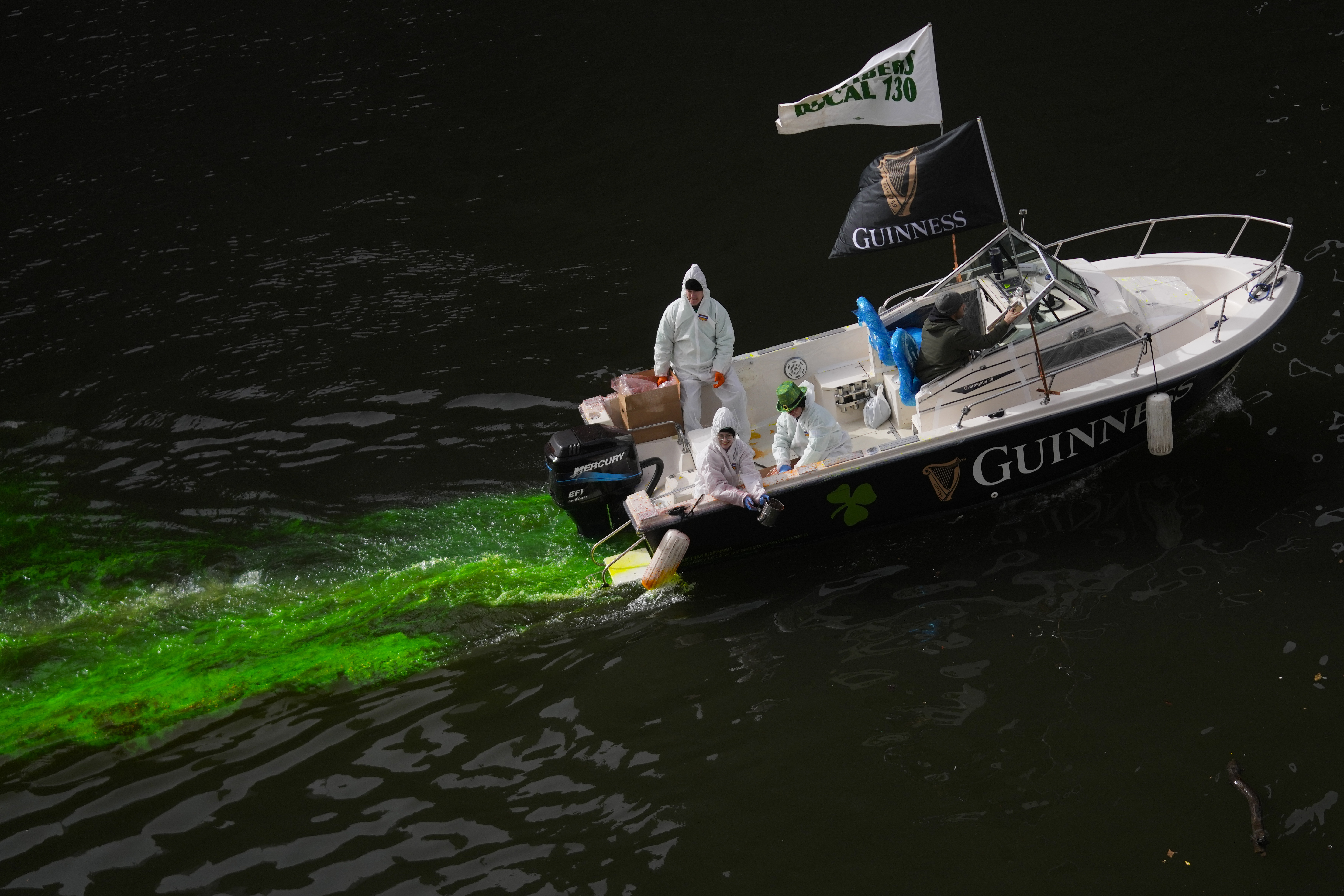 The Chicago River is dyed green as part of annual St. Patrick's Day festivities Saturday, March 15, 2025, in Chicago. (AP Photo/Erin Hooley)