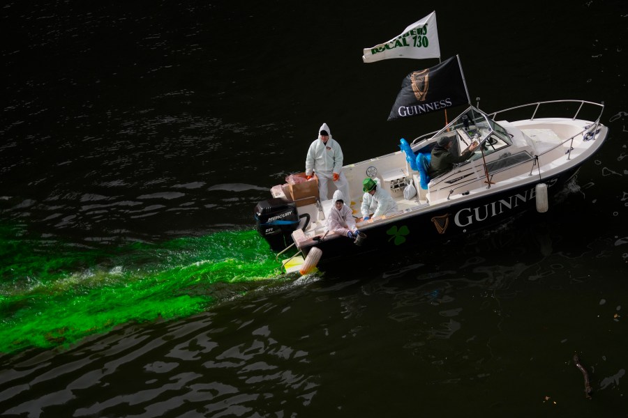 The Chicago River is dyed green as part of annual St. Patrick's Day festivities Saturday, March 15, 2025, in Chicago. (AP Photo/Erin Hooley)