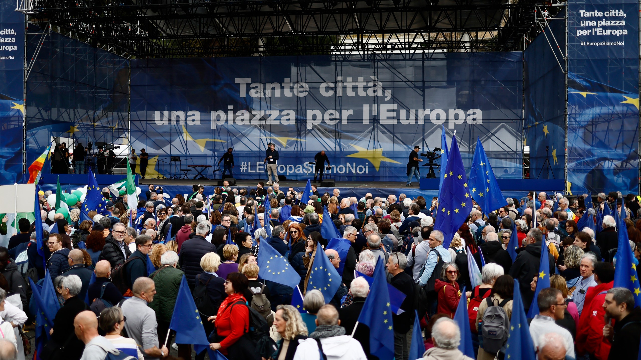 CORRECTS DATE People gather on the occasion of a Pro-Europe demonstration asking for more cohesion in the EU on the wake of the recent changes of priorities in International politics, in Rome, Saturday, March 15, 2025. (Cecilia Fabiano/LaPresse via AP)