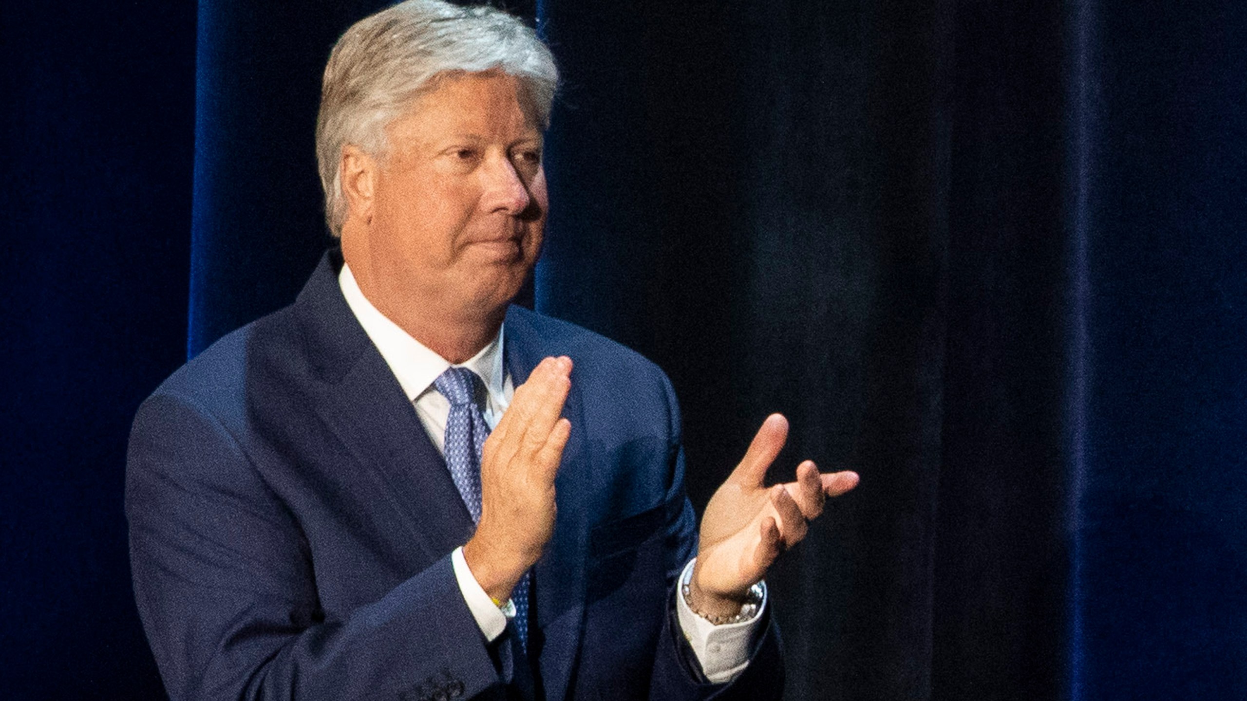 FILE - Pastor Robert Morris applauds during a roundtable discussion at Gateway Church Dallas Campus, Thursday, June 11, 2020, in Dallas. (AP Photo/Alex Brandon, File)